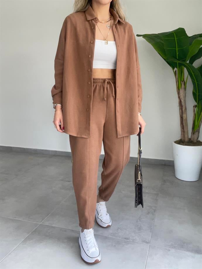 Kahve Oversize Gömlek Takım