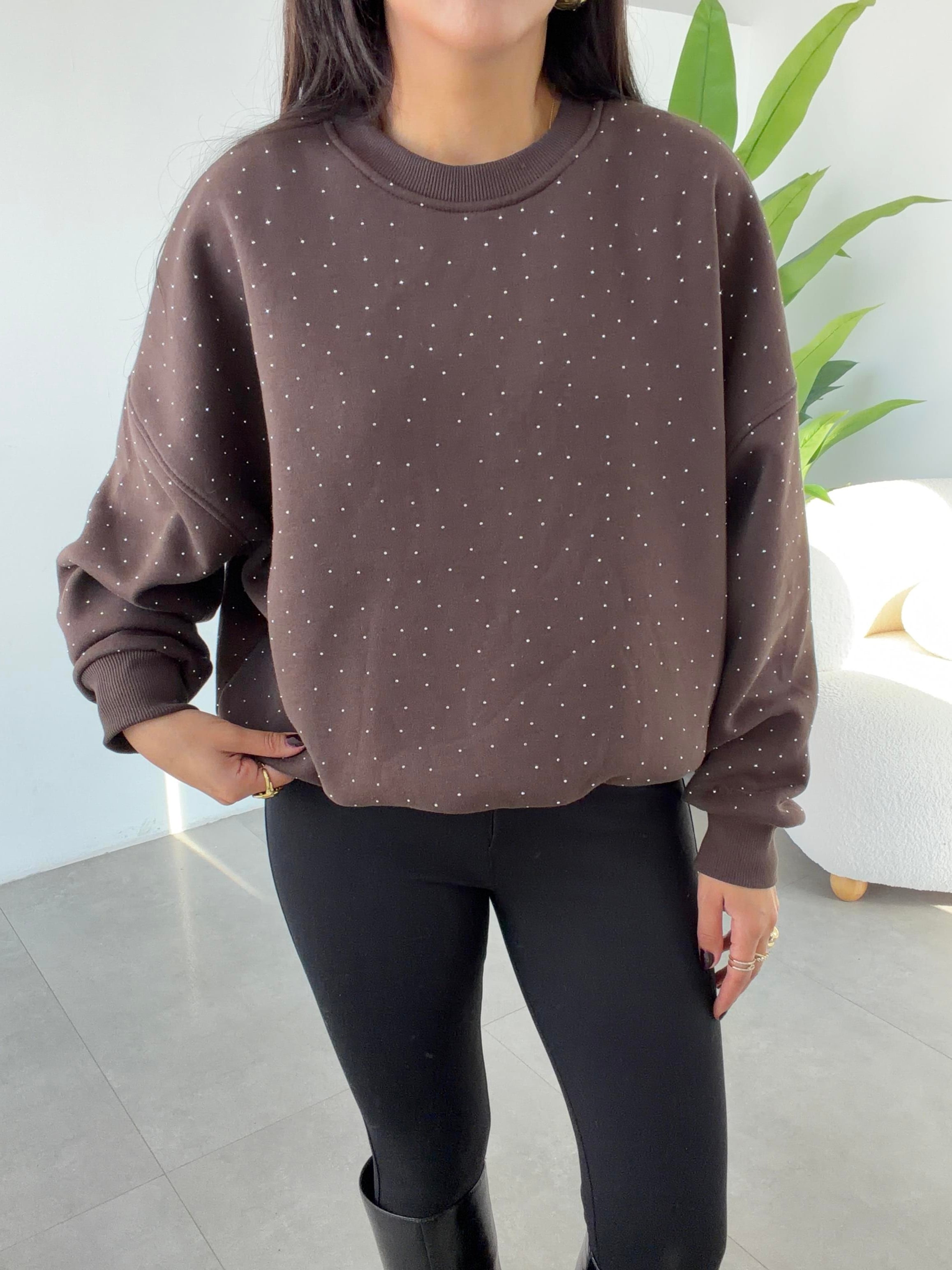 Kahve Oversize Taşlı Sweatshirt