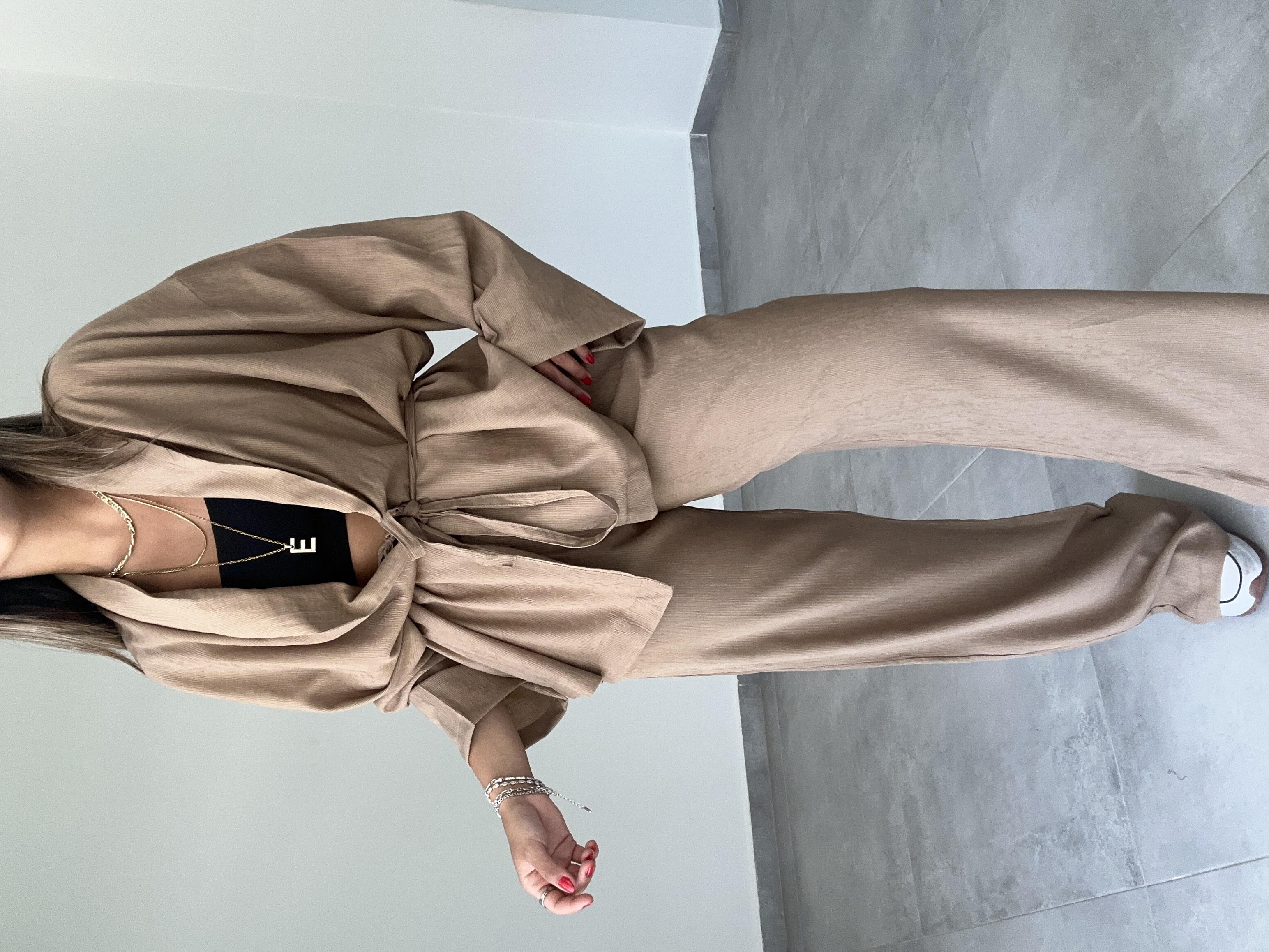 Kahve Şal Yaka Kimono Pantolon Takım