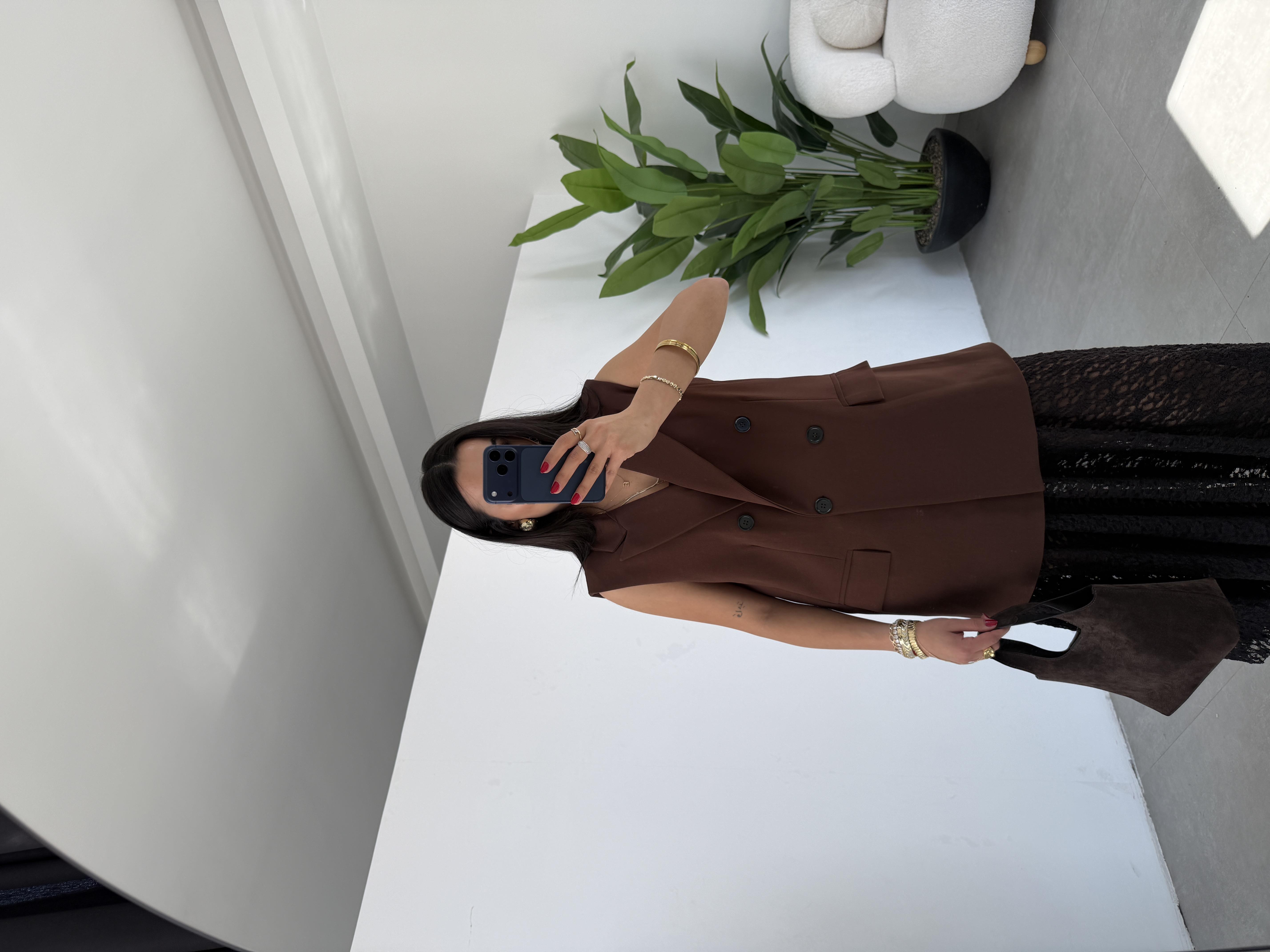 Kahve Scuba Krep Cep Kapaklı Yelek