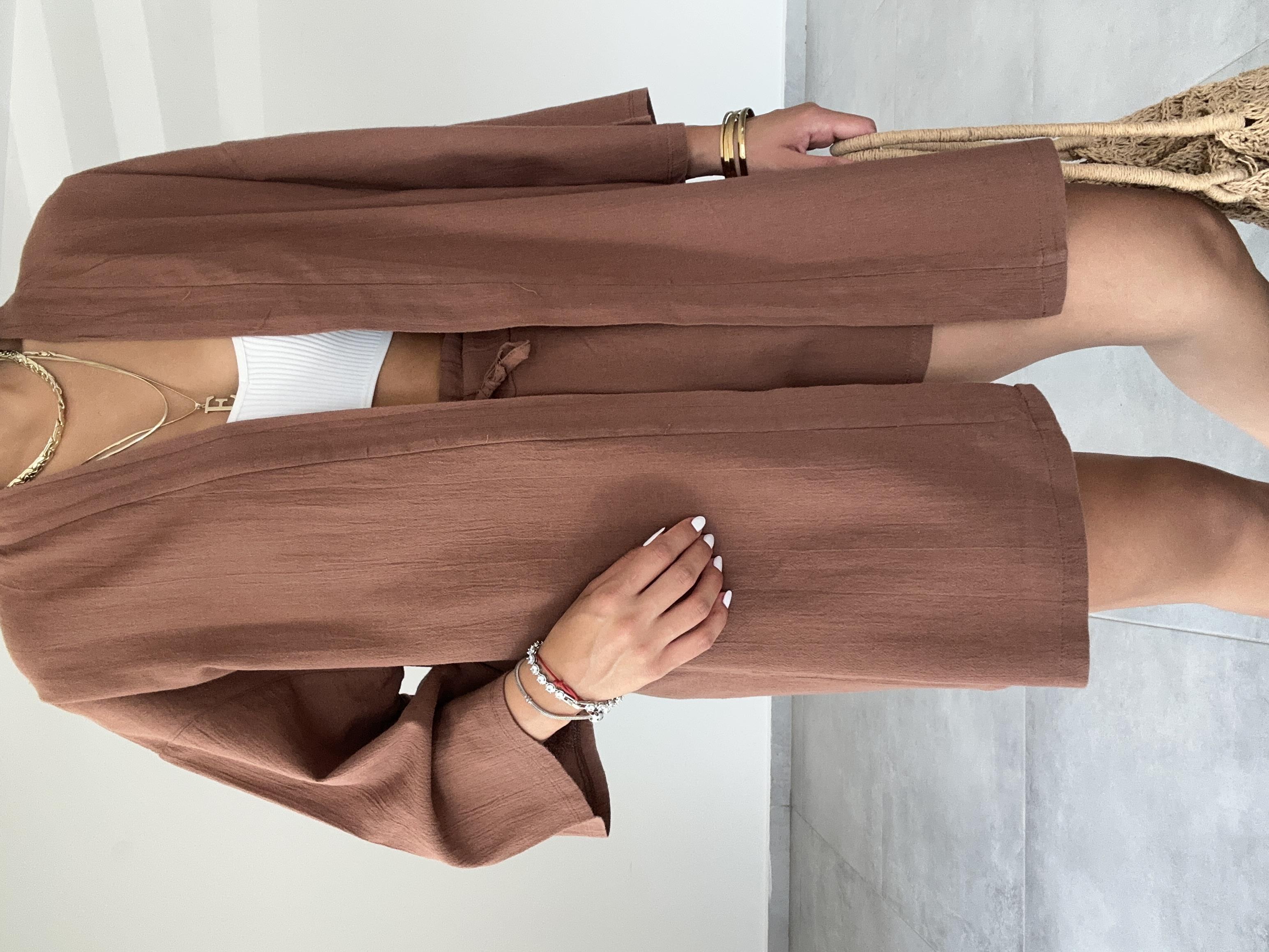 Kahve Şile Şortlu Kimono Takım