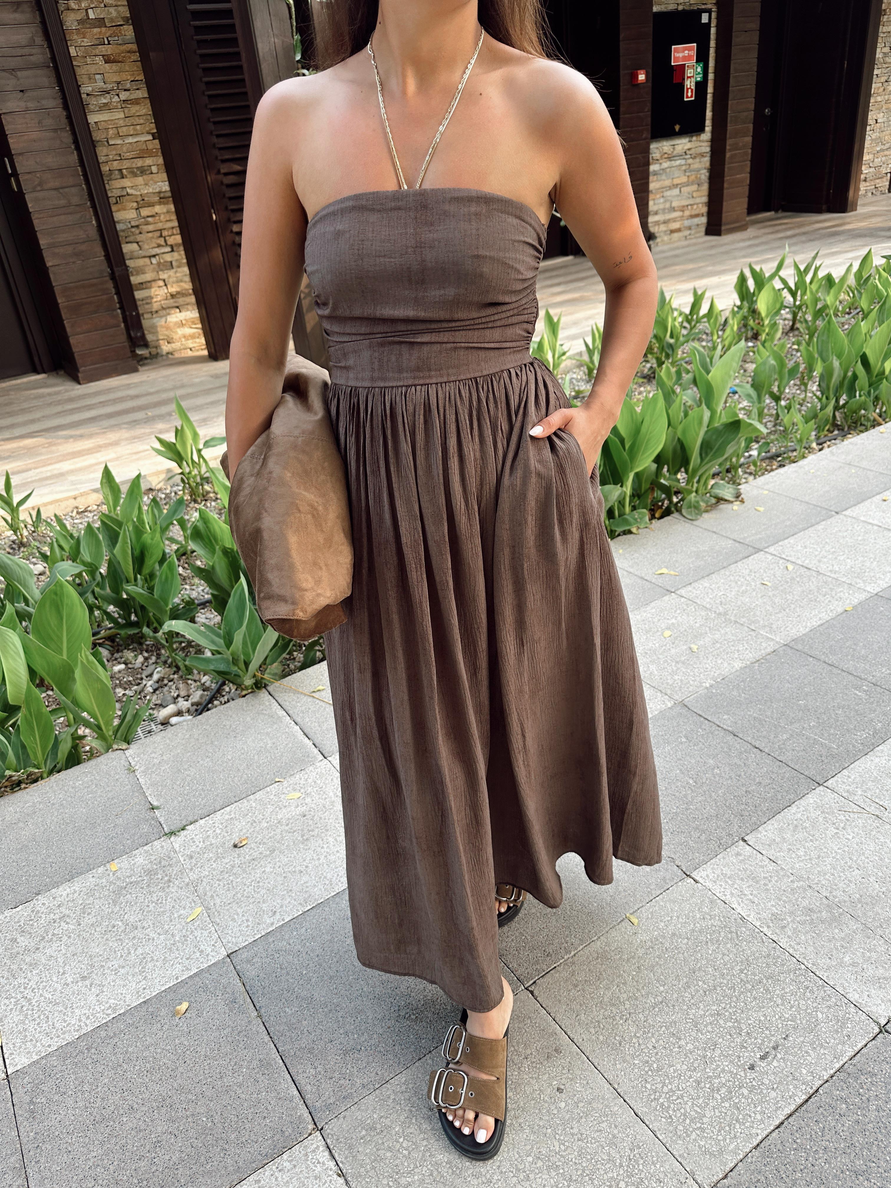 Kahve Sırt İp Detaylı Elbise