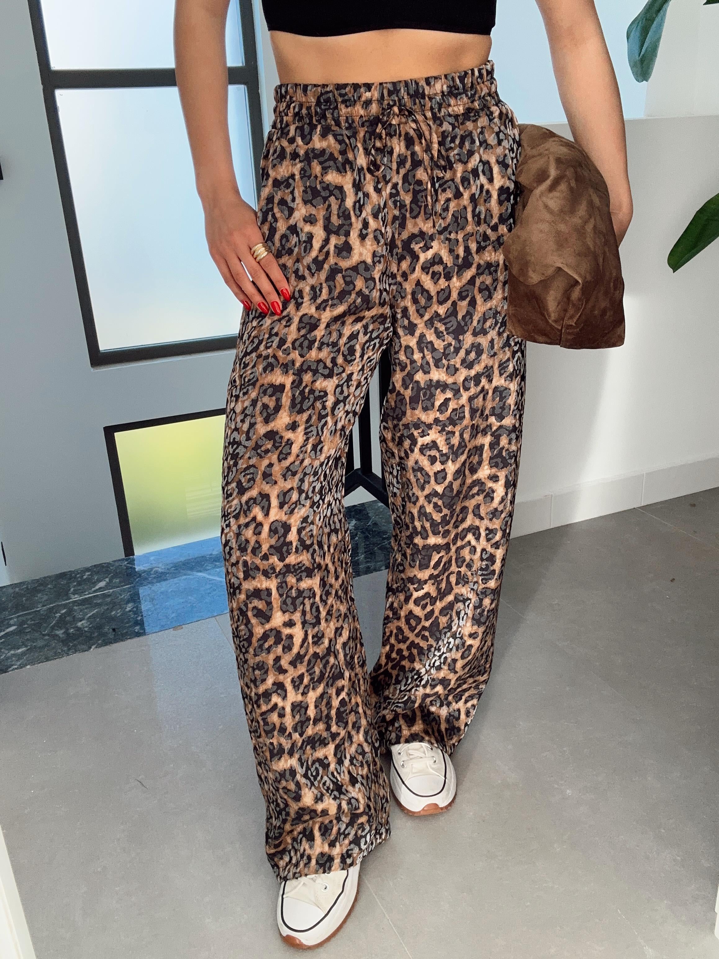 Kahve-Siyah Leopar Bol Paça Pantolon