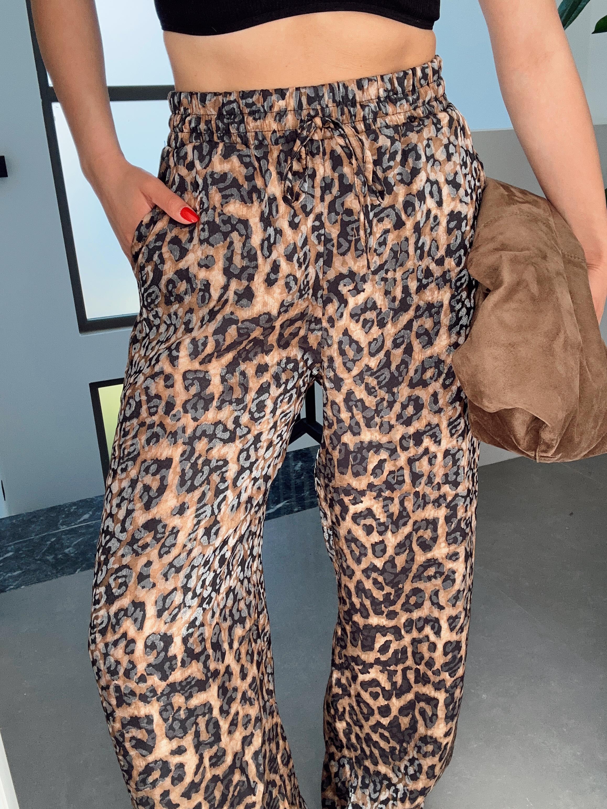 Kahve-Siyah Leopar Bol Paça Pantolon