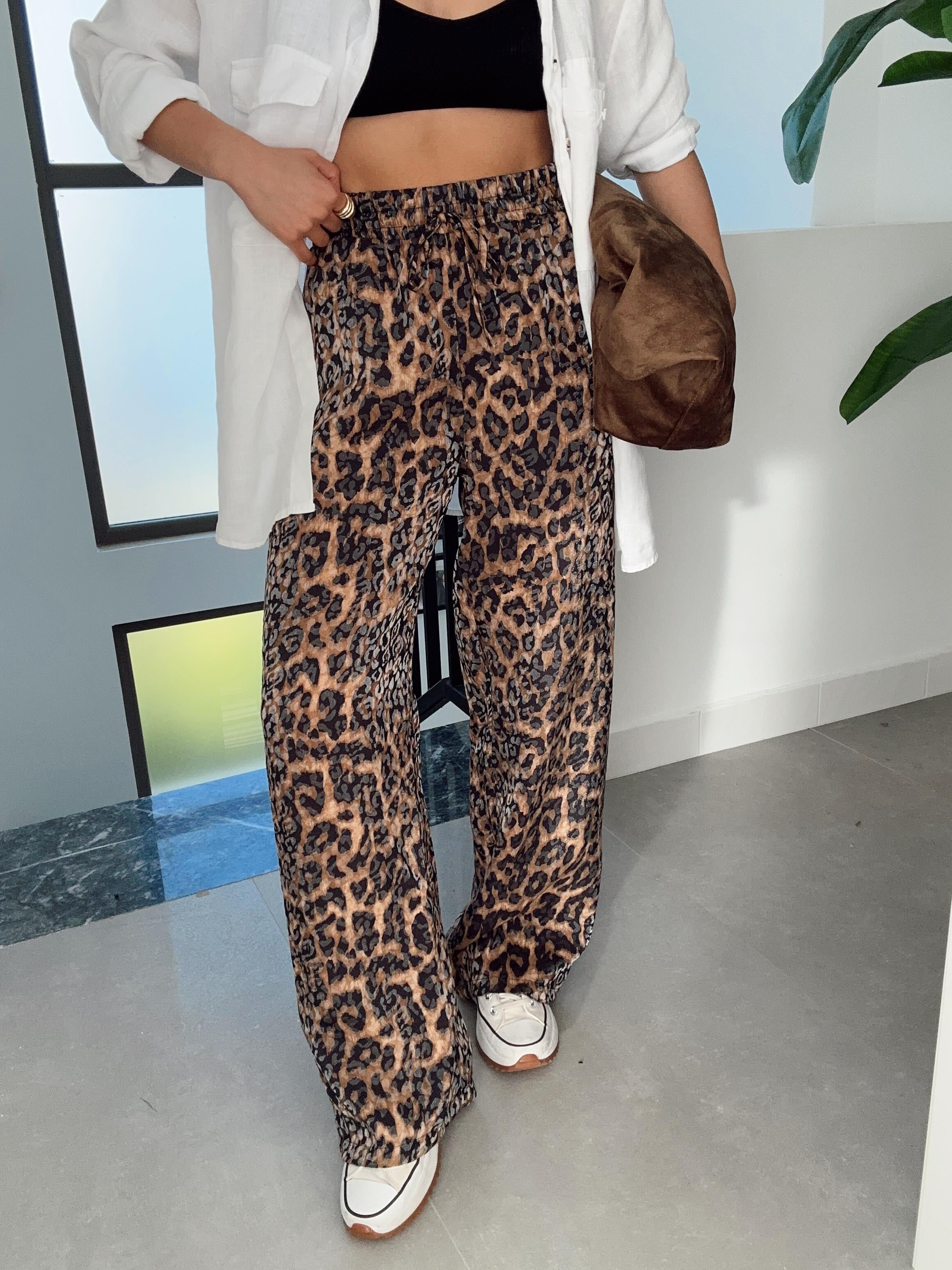 Kahve-Siyah Leopar Bol Paça Pantolon
