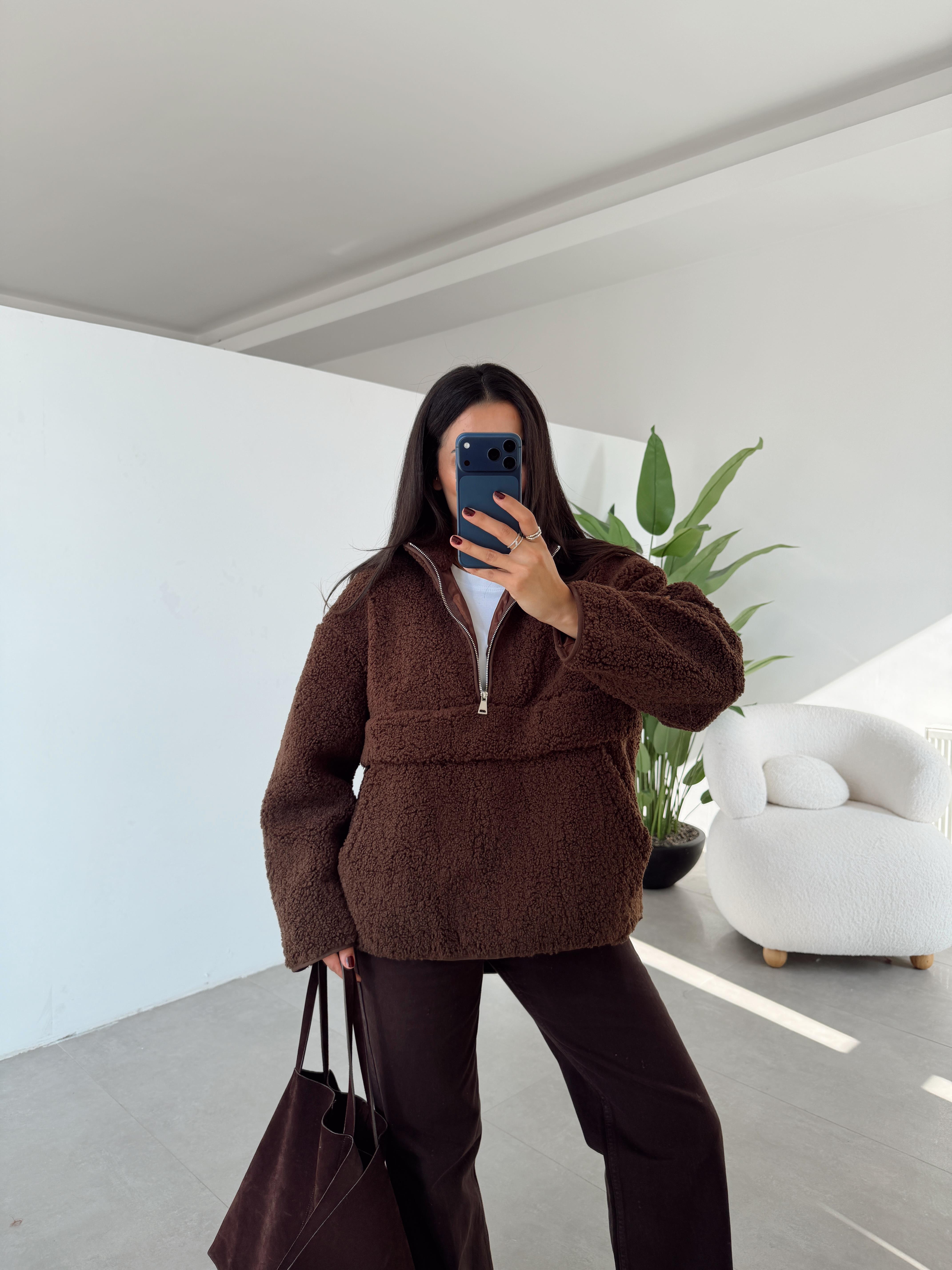 Kahve Teddy Fermuarlı Sweatshirt