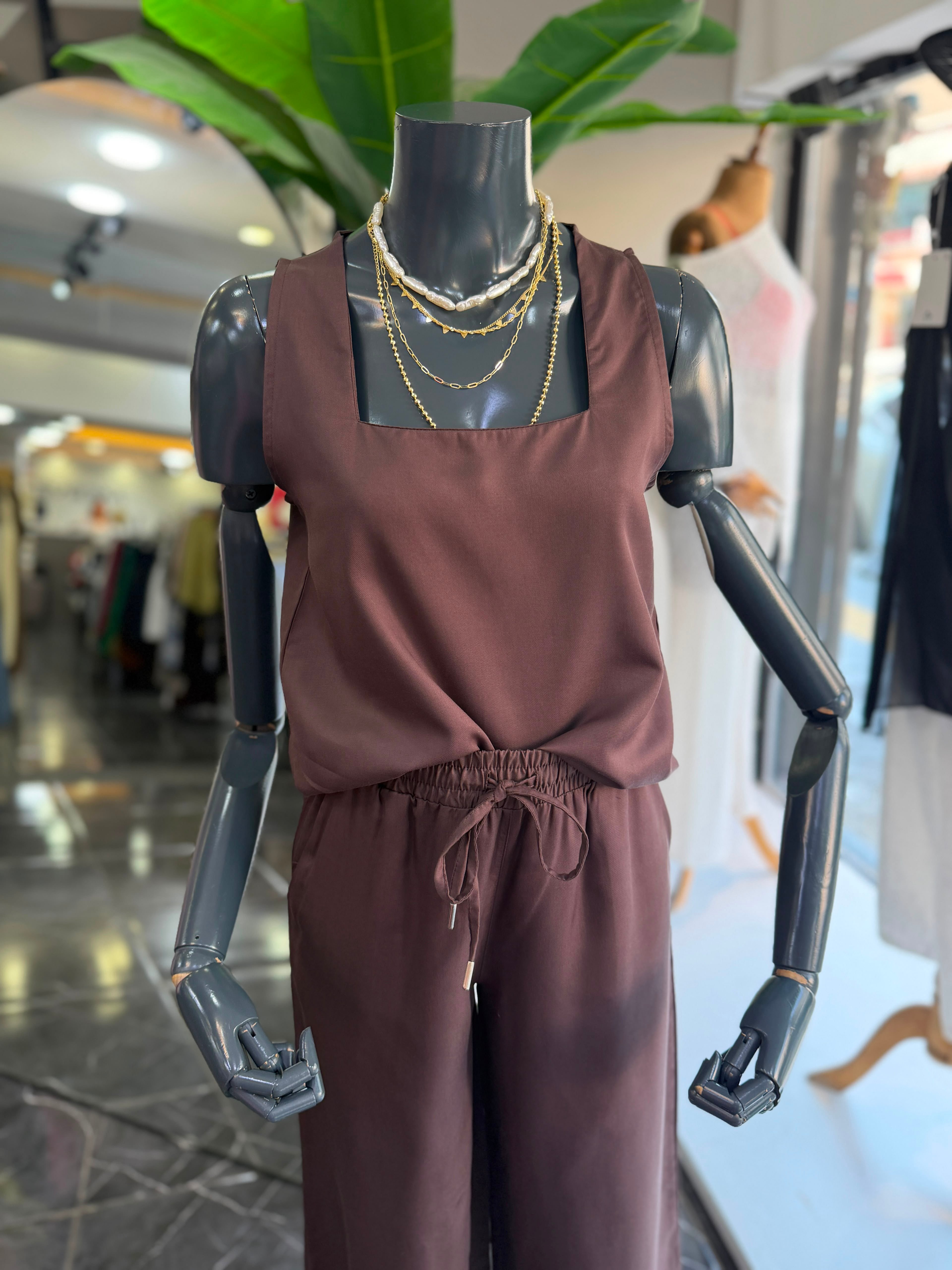 Kahve Tencel Kare Yaka Takım