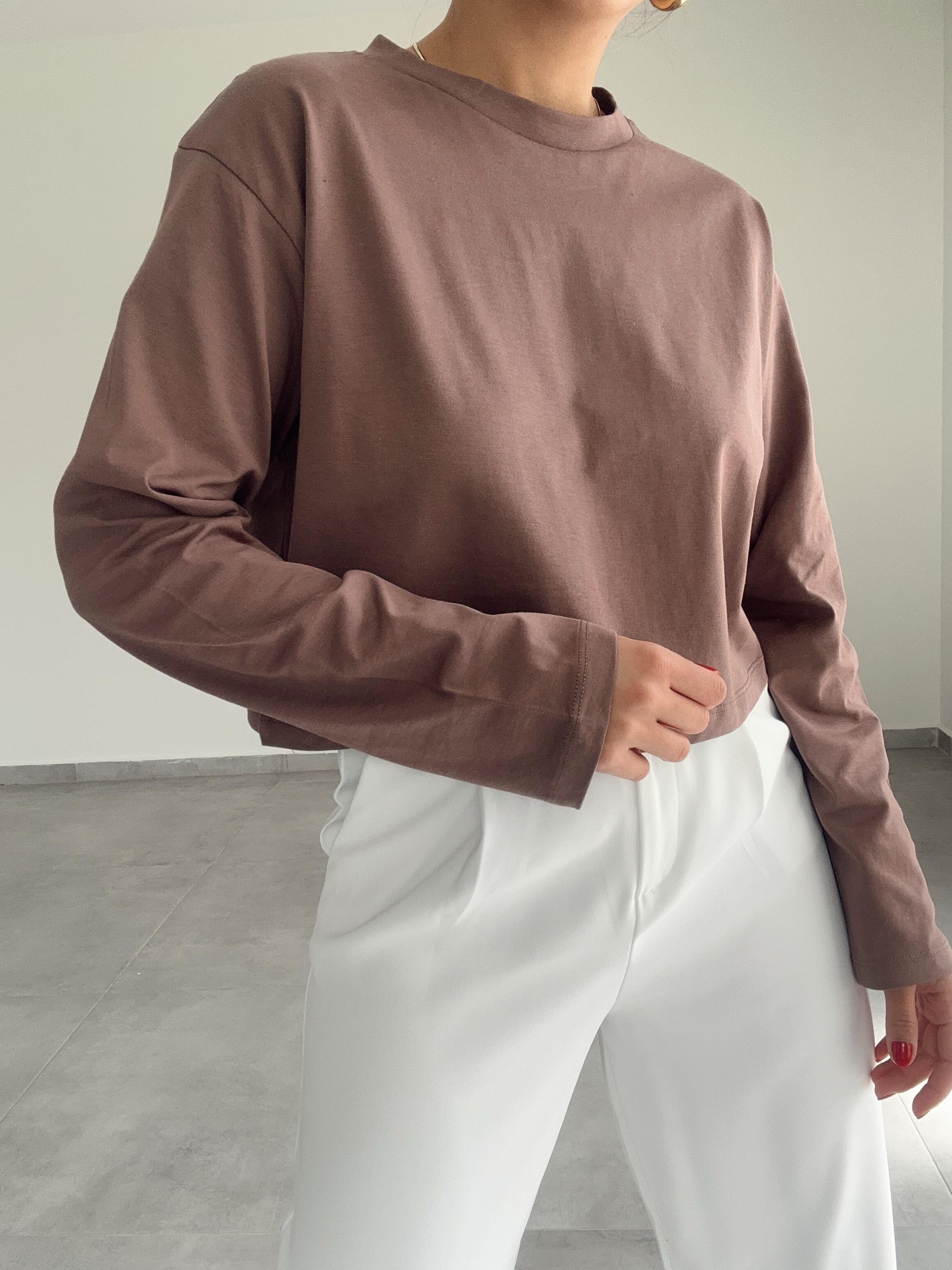 Kahve Uzun Kollu Crop Tişört