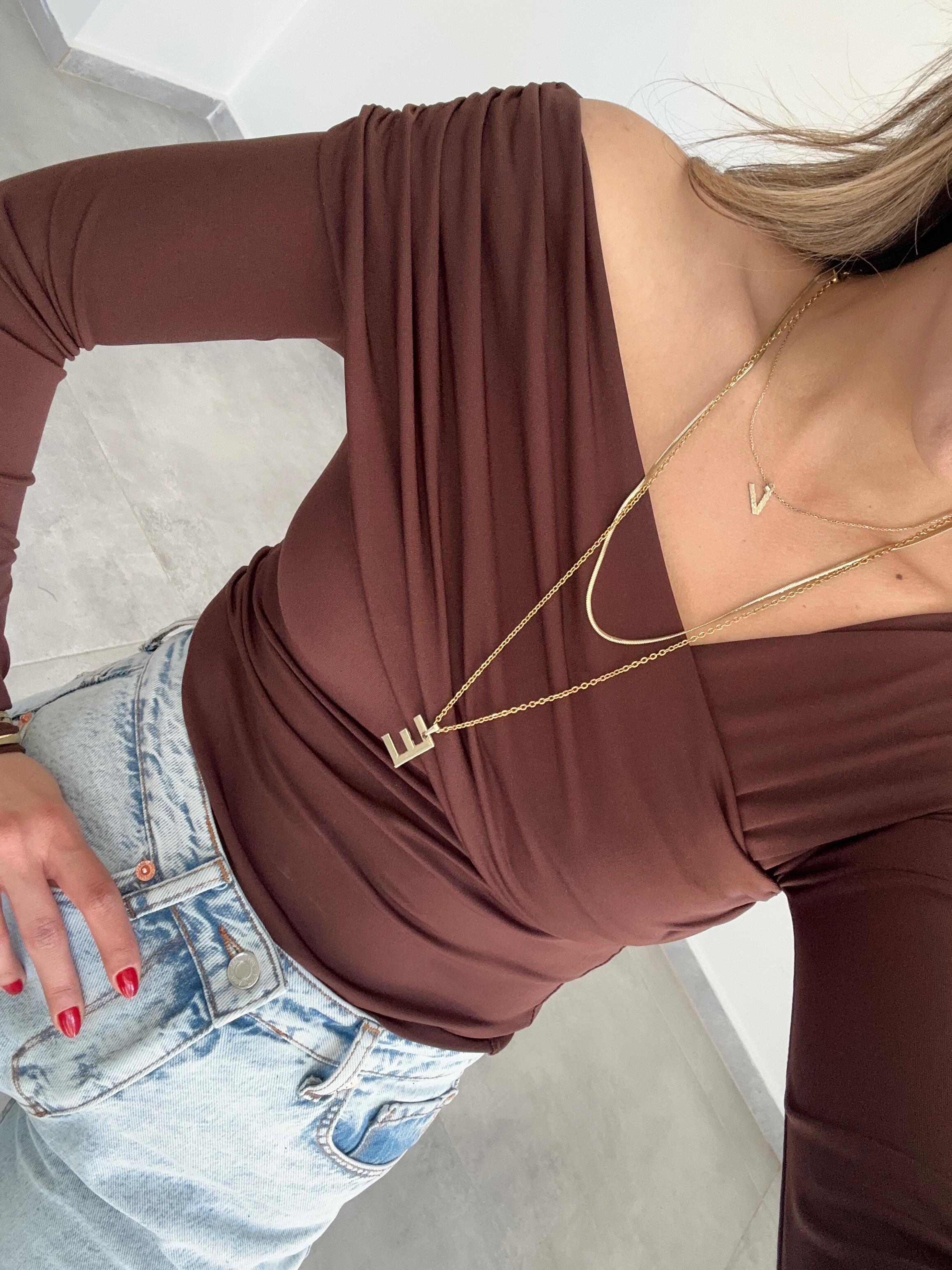 Kahve V Yaka Drapeli Bluz