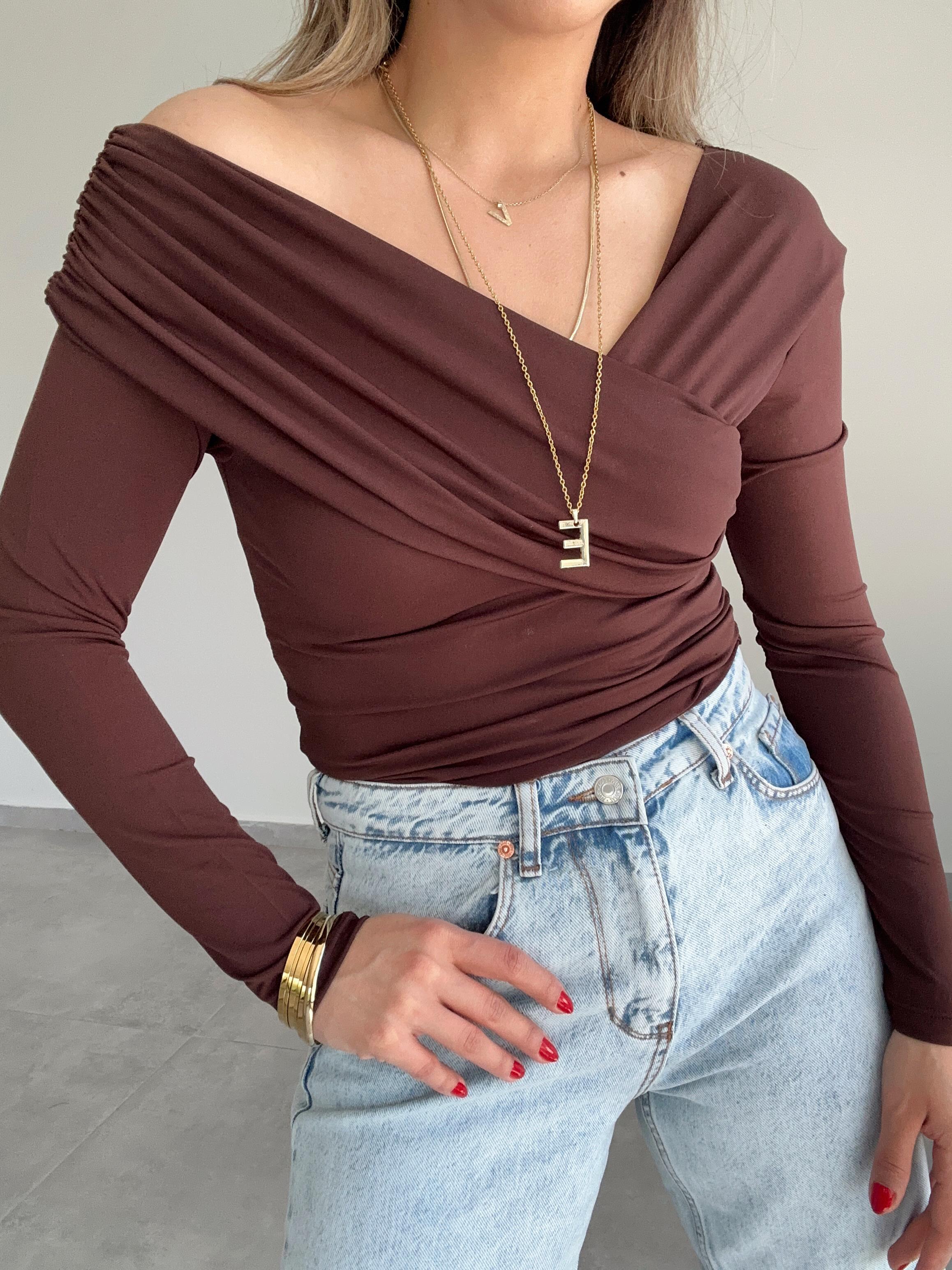 Kahve V Yaka Drapeli Bluz