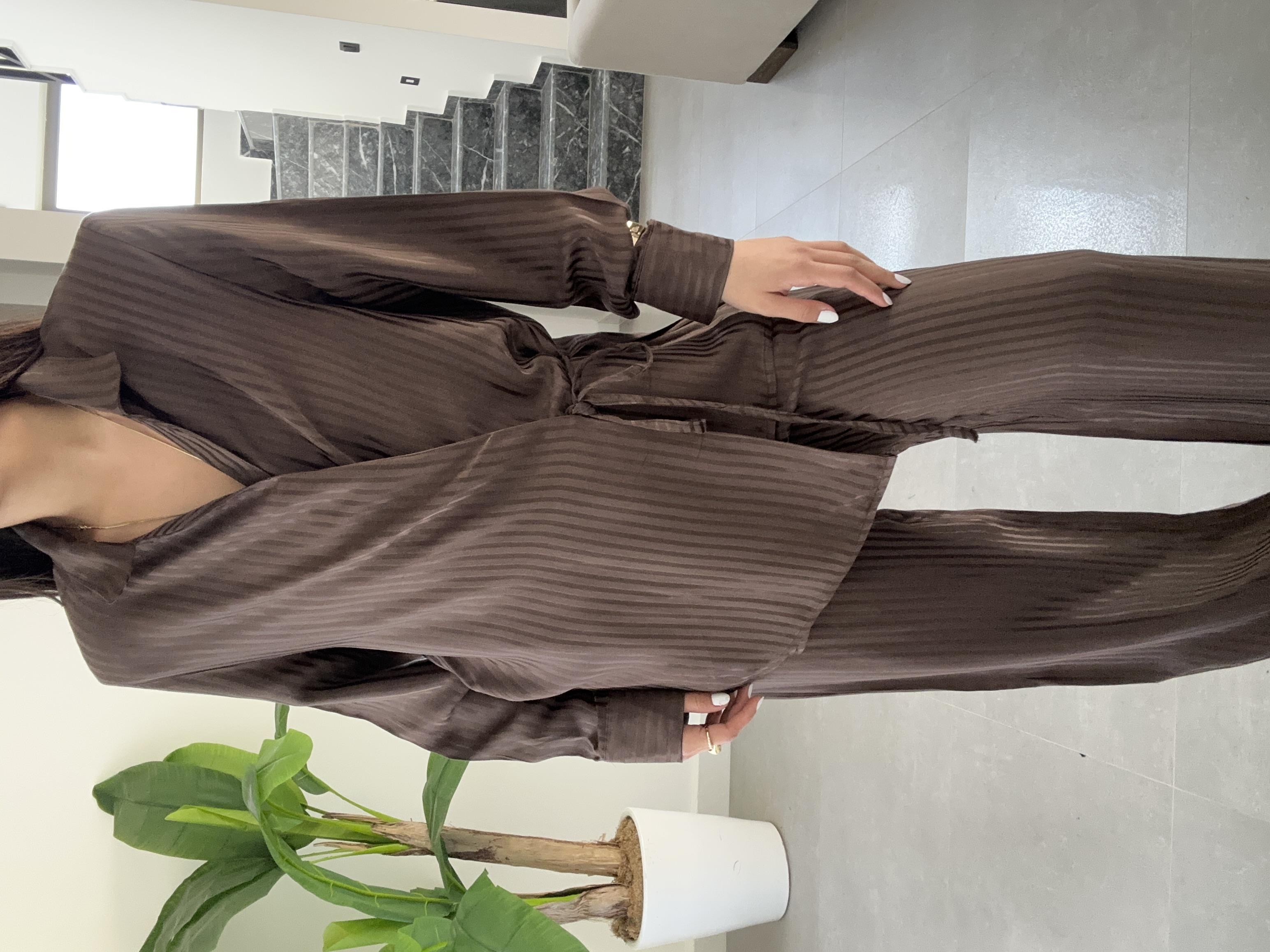 Kahve Vatkalı Çizgili Kimono Takım