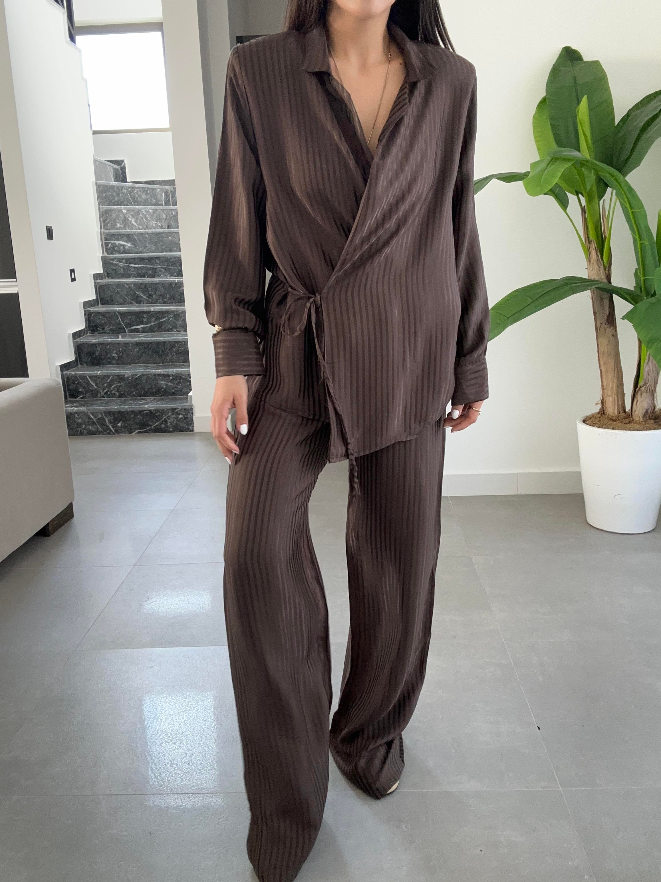 Kahve Vatkalı Çizgili Kimono Takım