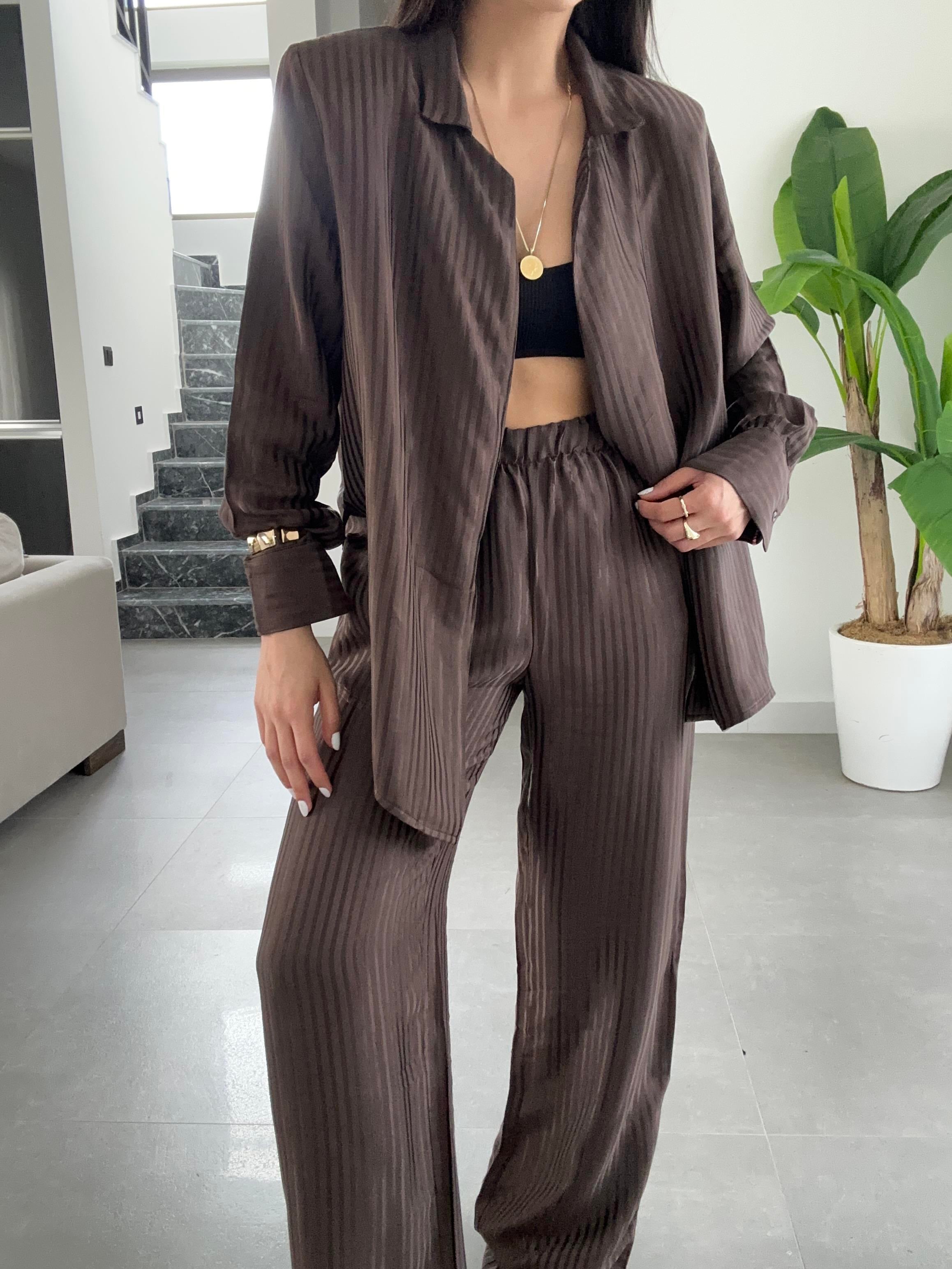 Kahve Vatkalı Çizgili Kimono Takım