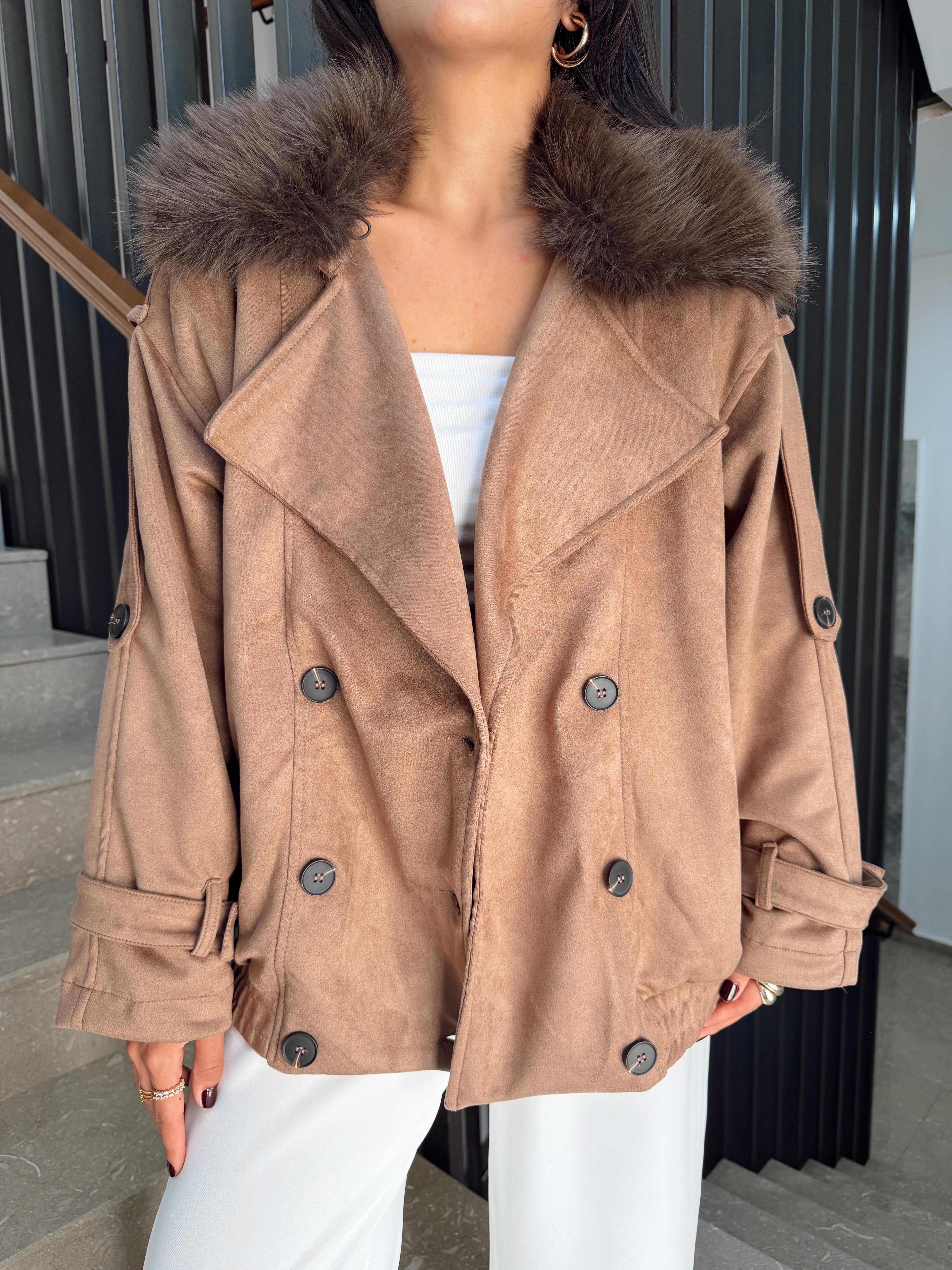 Kahve Yakası Kürklü Bomber Mont