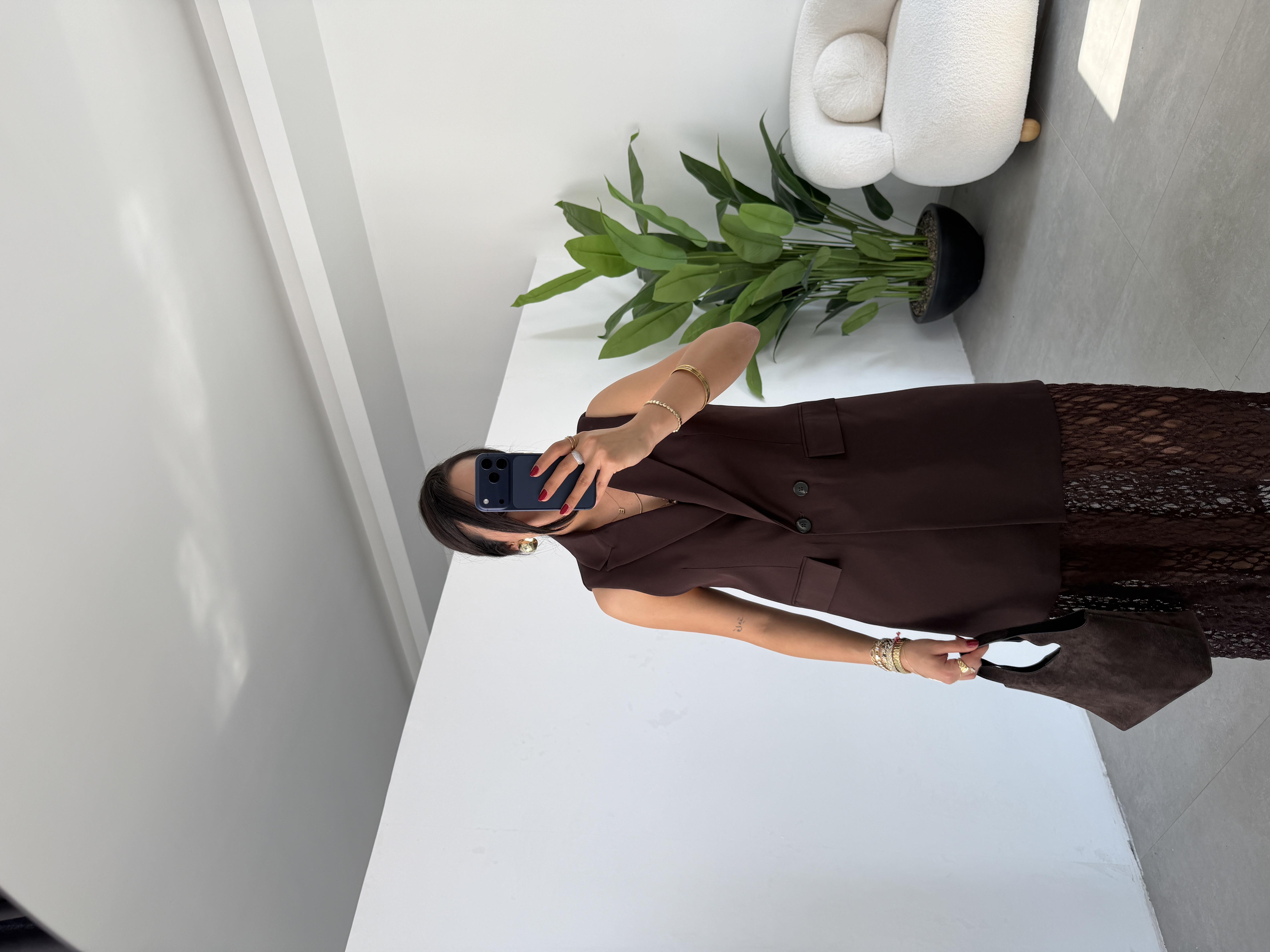 Kahve Yelek Görünümlü Dantel Detaylı Elbise