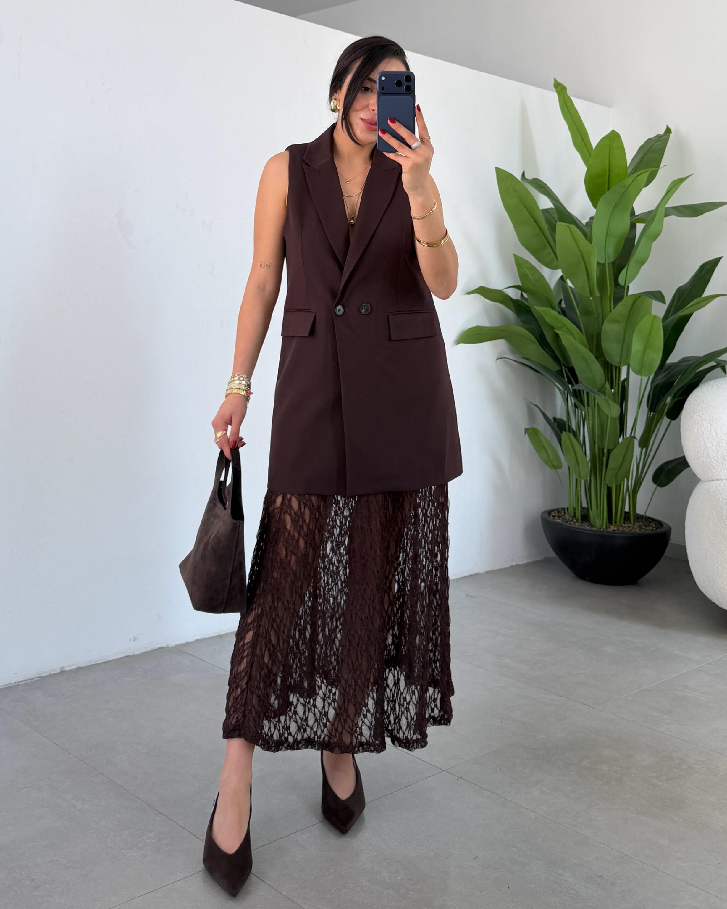 Kahve Yelek Görünümlü Dantel Detaylı Elbise
