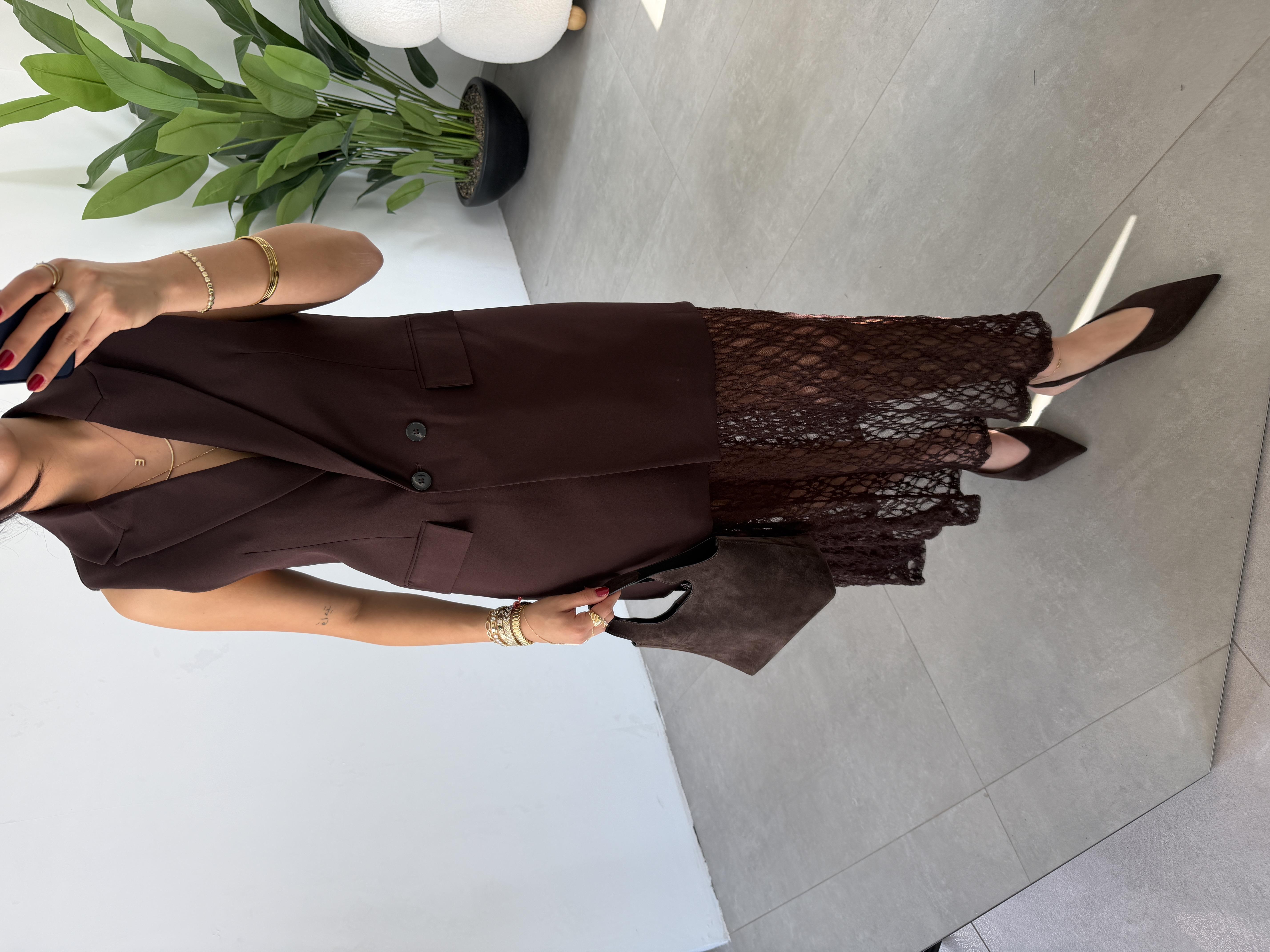 Kahve Yelek Görünümlü Dantel Detaylı Elbise