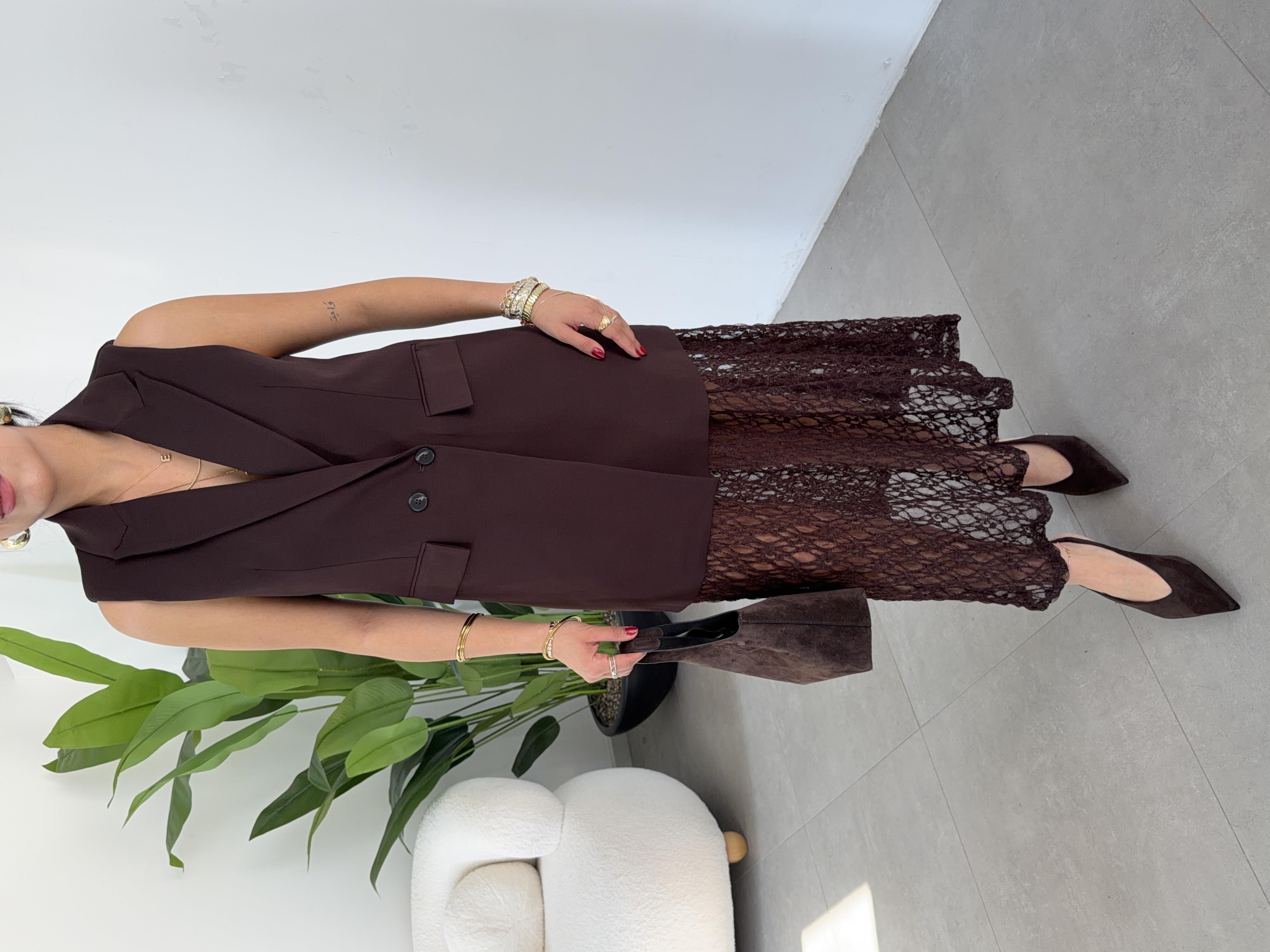 Kahve Yelek Görünümlü Dantel Detaylı Elbise