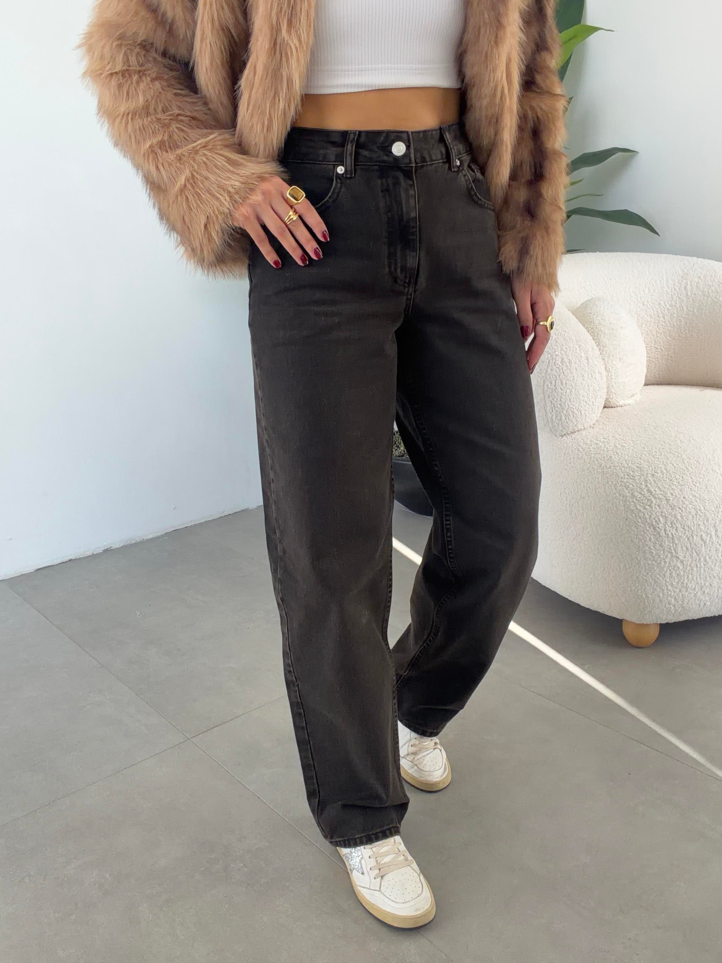 Kahve Yıkama Efektli Baggy Jean