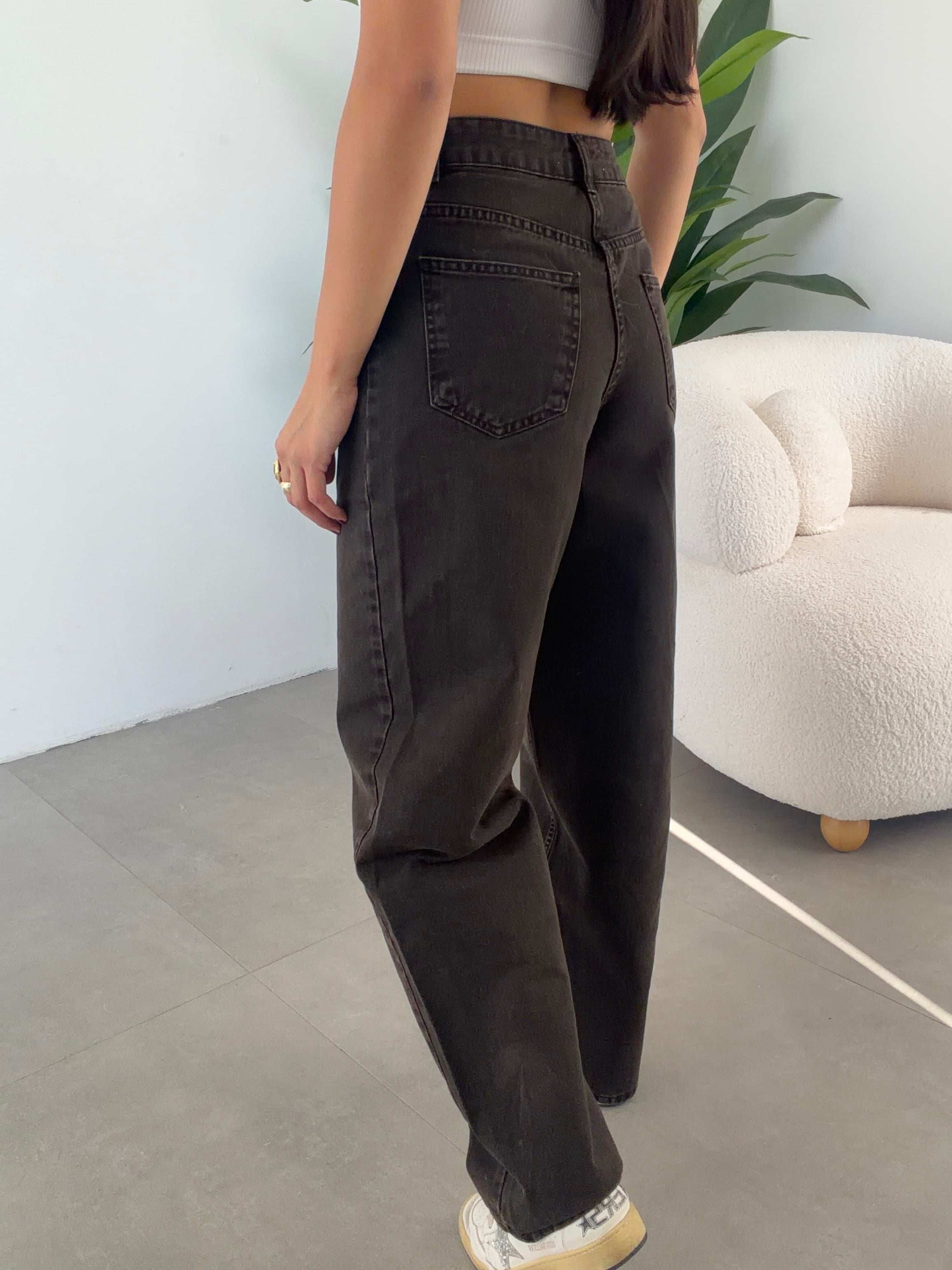 Kahve Yıkama Efektli Baggy Jean