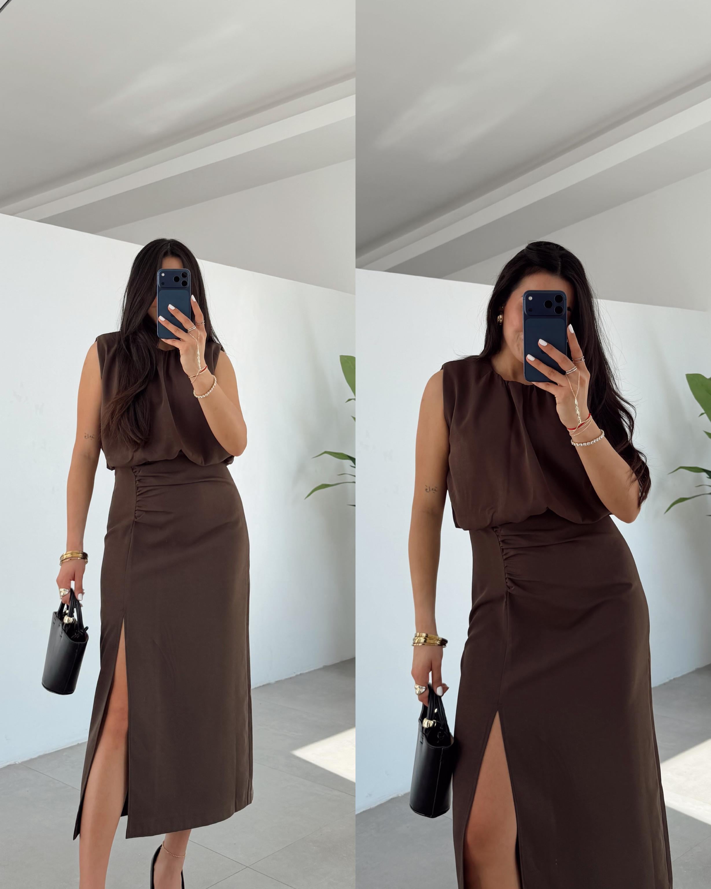 Kahve Yırtmaçlı Elbise