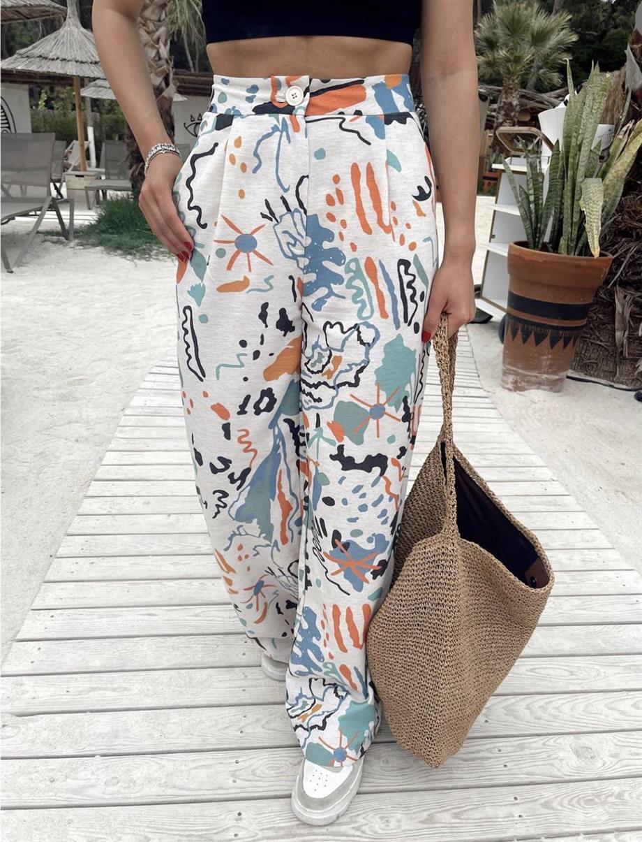 Keten Desenli Palazzo Pantolon
