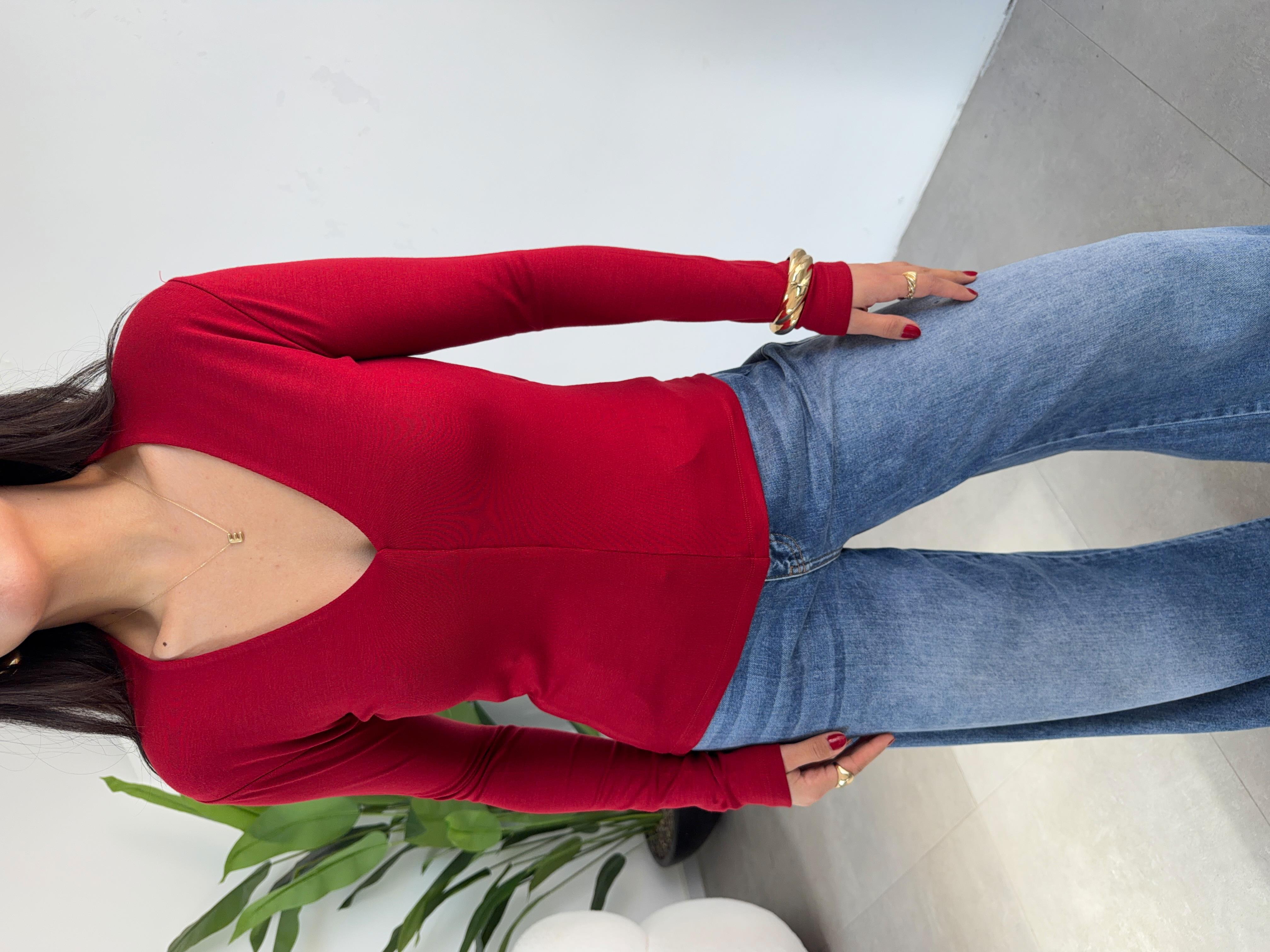 Kırmızı Buzzy V Yaka Uzun Kollu Body