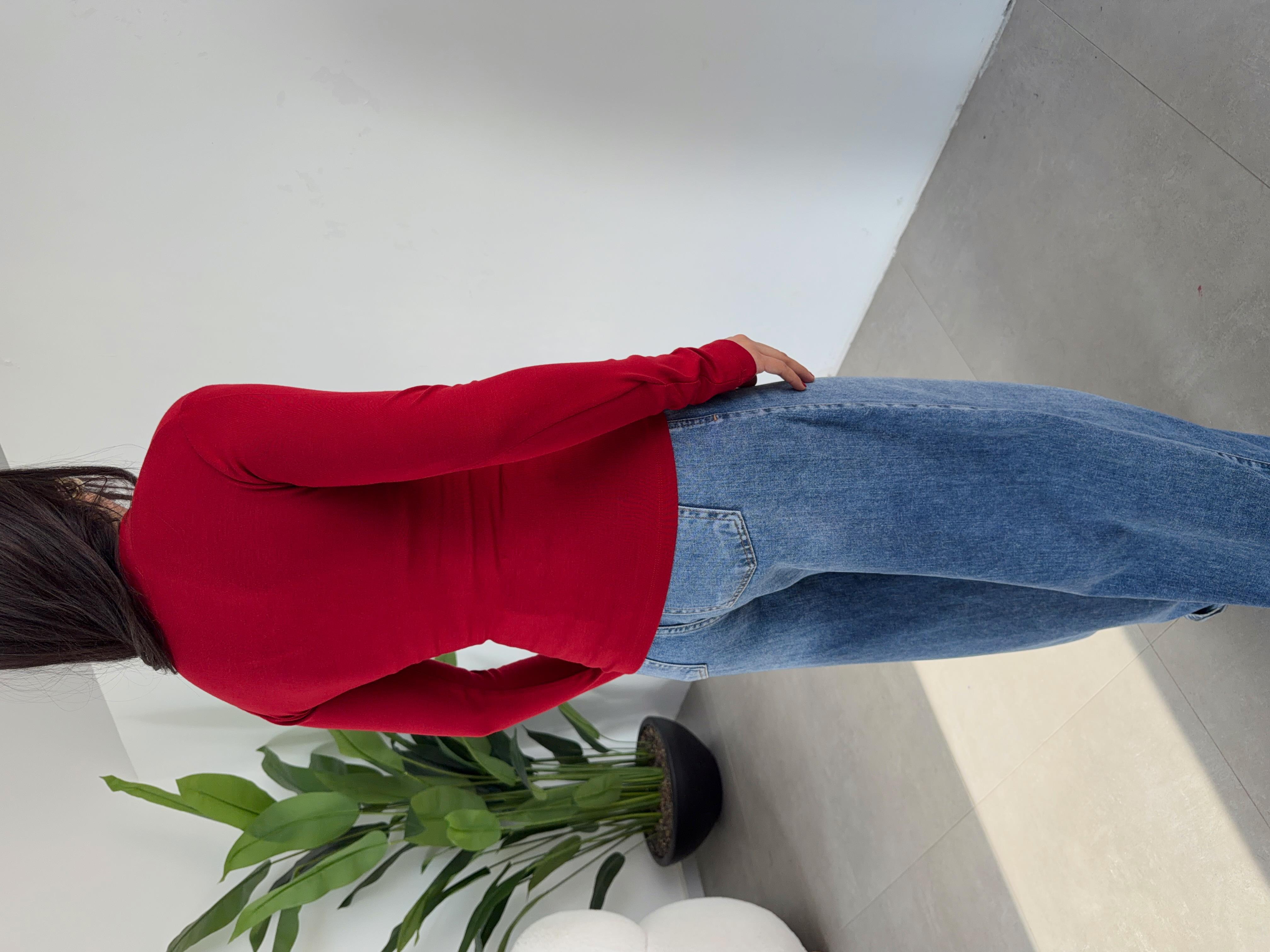 Kırmızı Buzzy V Yaka Uzun Kollu Body