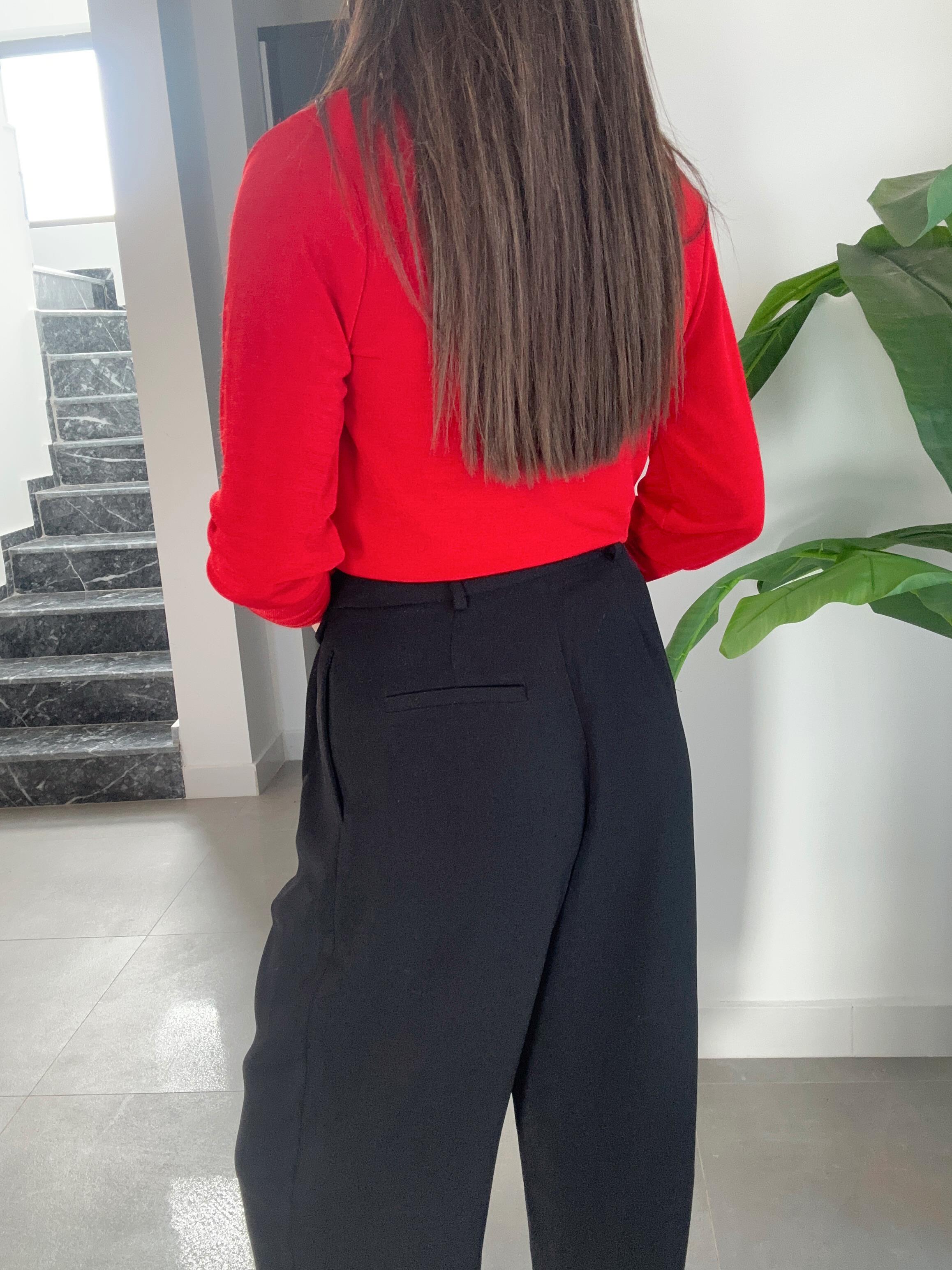 Kırmızı Derin V Yaka Çıtçıtlı Kruvaze Bluz