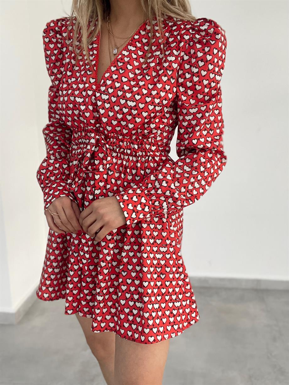 Kırmızı Kalp Desenli Elbise