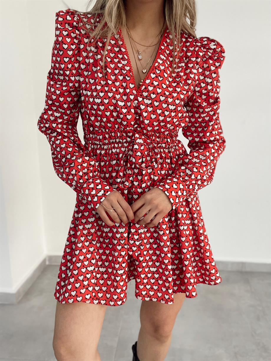 Kırmızı Kalp Desenli Elbise