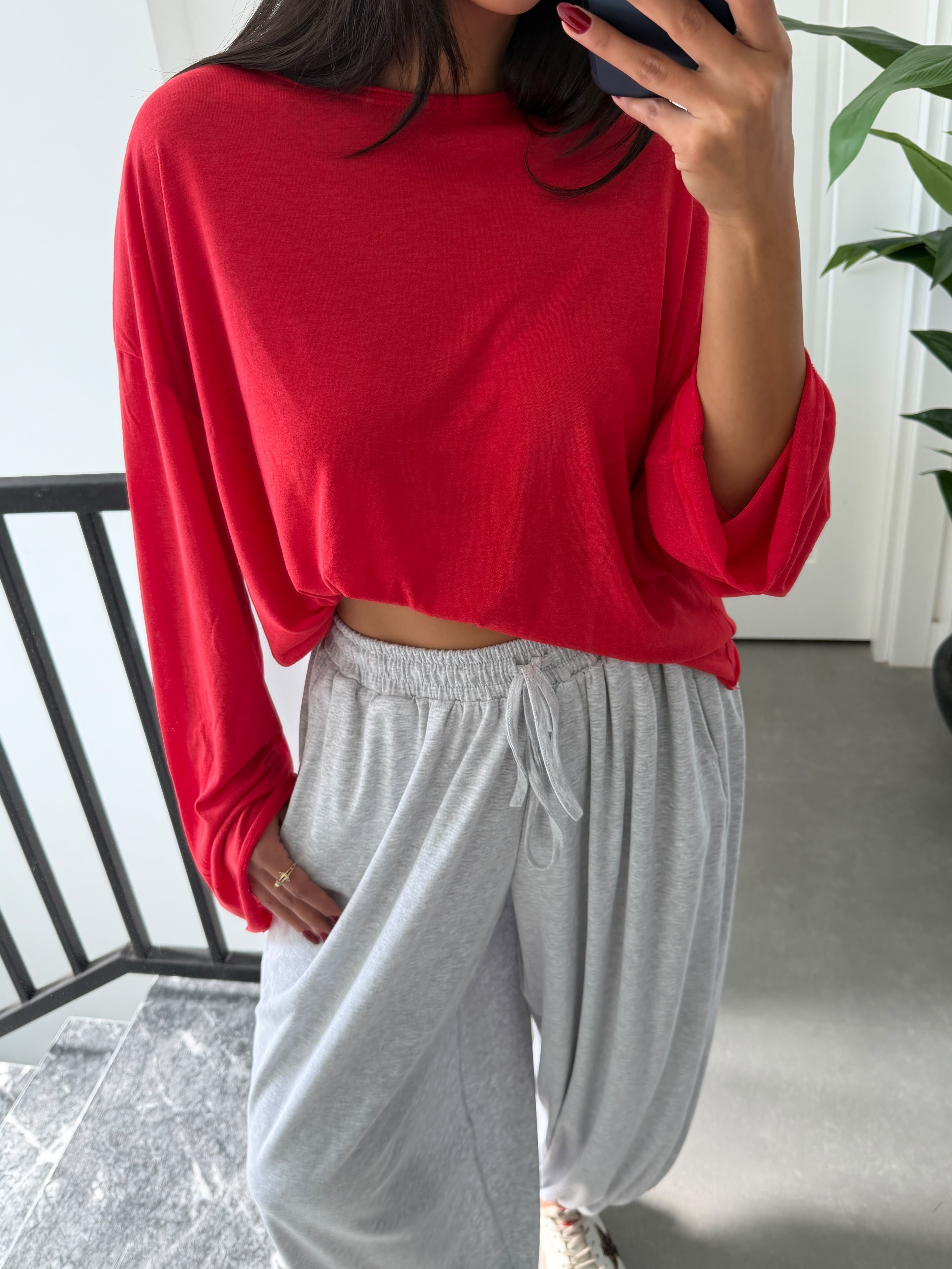 Kırmızı Transparan Uzun Kollu Basic Tshirt