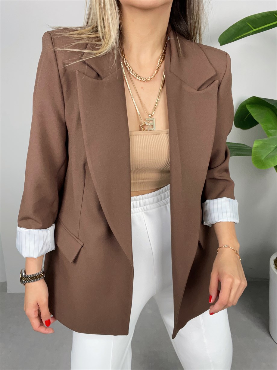 Kolu Katlamalı Kahve Blazer Ceket