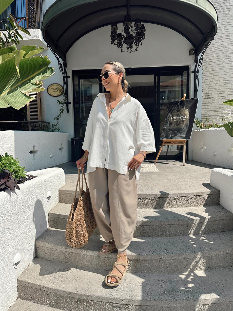 Koyu Bej Keten Şalvar Pantolon