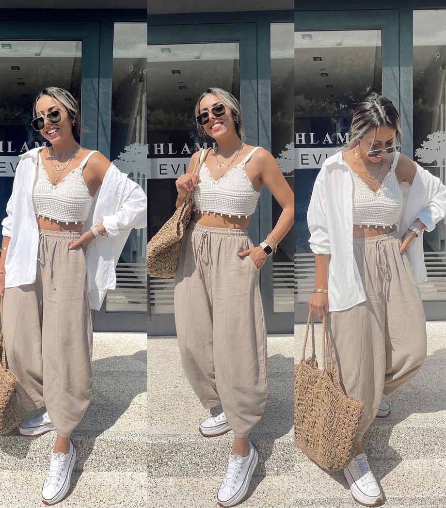 Koyu Bej Keten Şalvar Pantolon