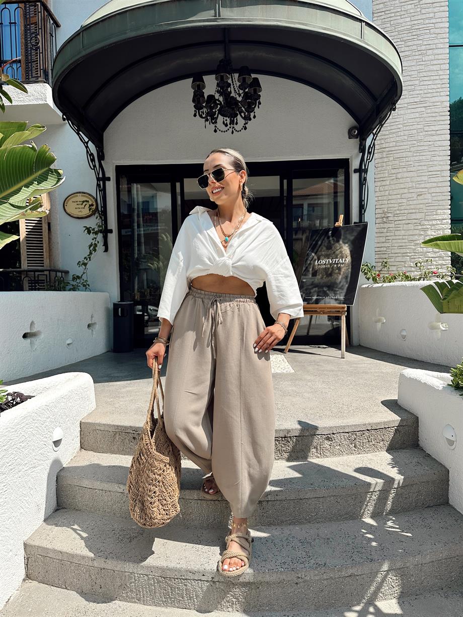 Koyu Bej Keten Şalvar Pantolon