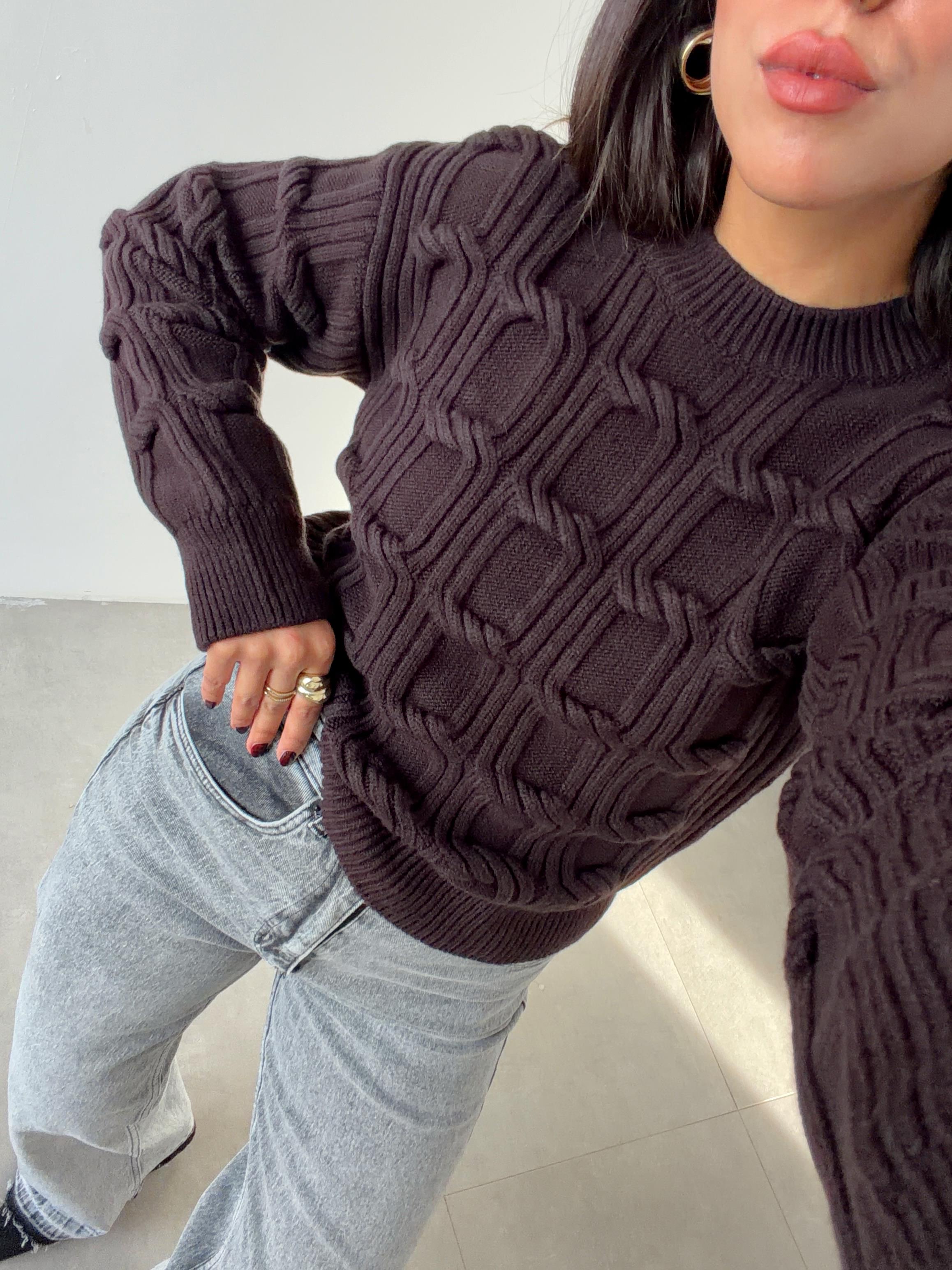 Koyu Kahve Bisiklet Yaka Örgü Detaylı Triko