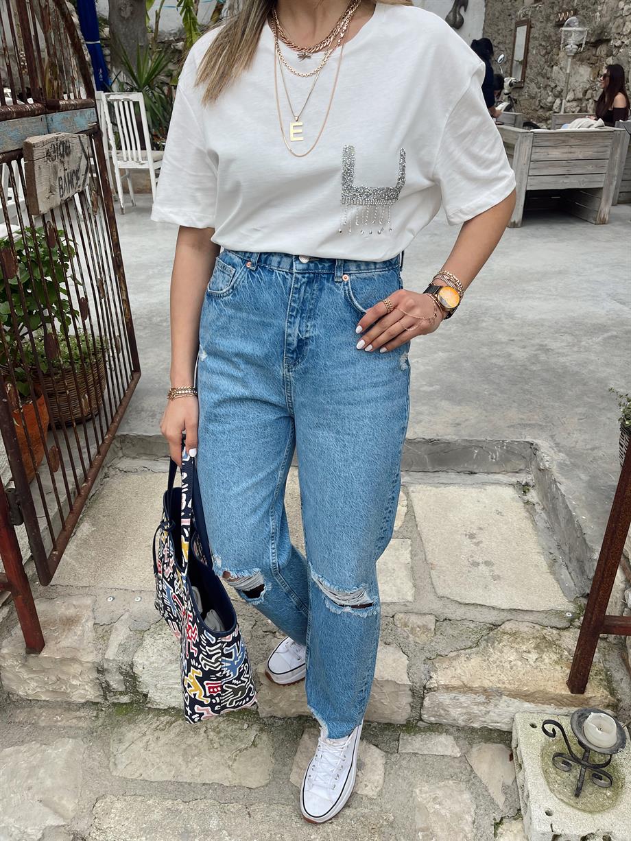 Koyu Mavi Dizi Yırtık Mom  Jean