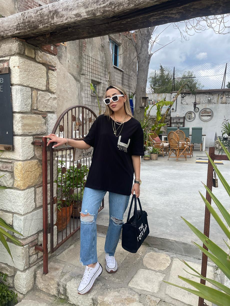 Koyu Mavi Dizi Yırtık Mom  Jean