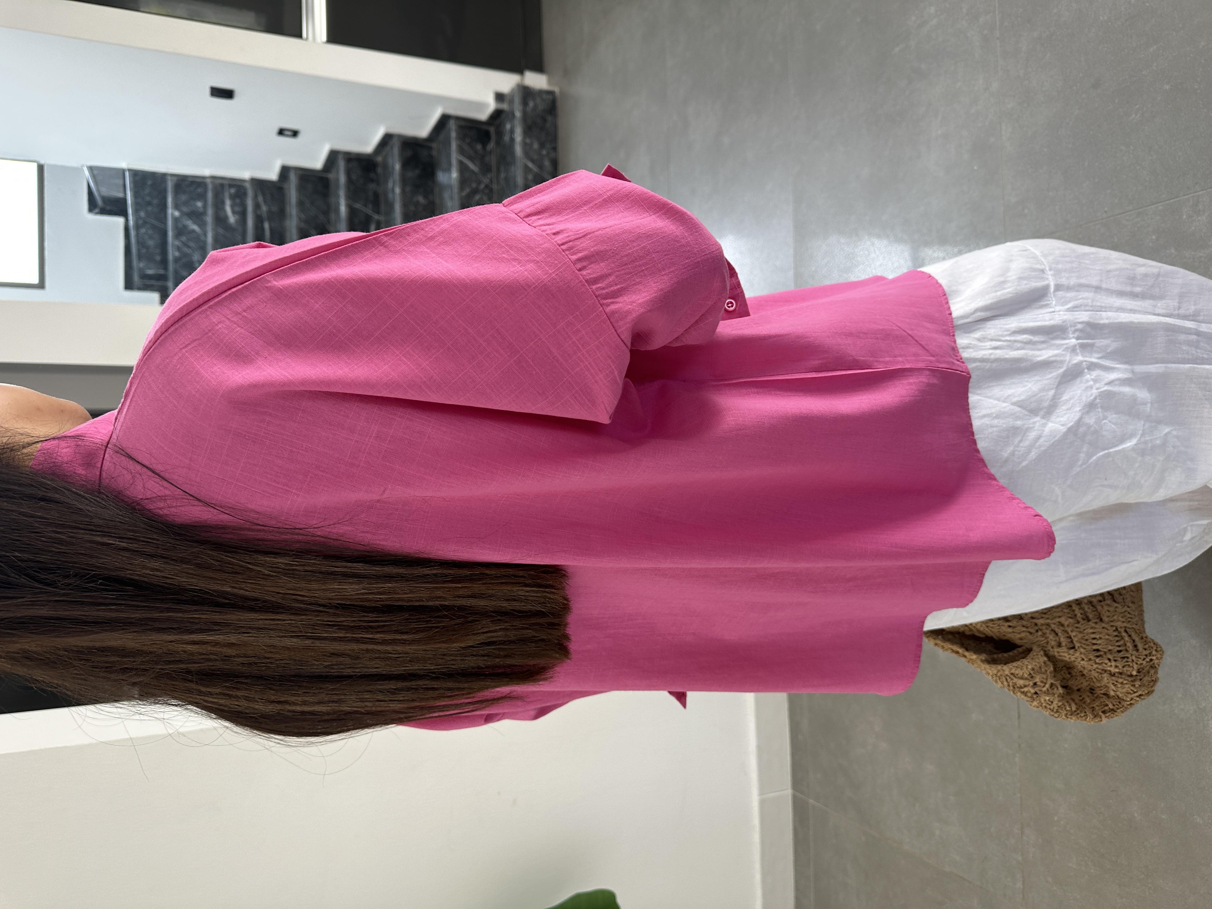 Koyu Pembe Flamlı Keten Çift Cep Oversize Gömlek