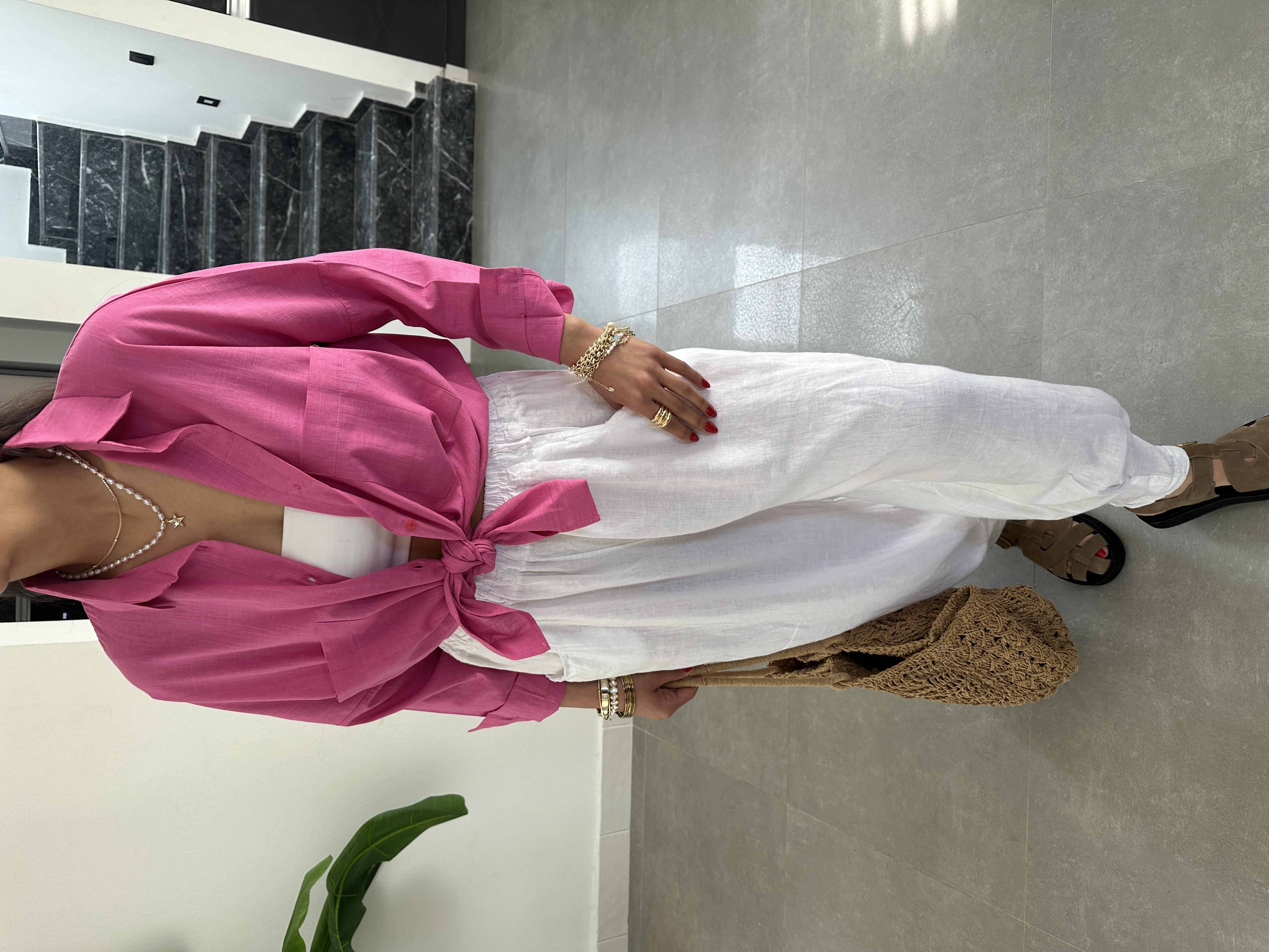 Koyu Pembe Flamlı Keten Çift Cep Oversize Gömlek