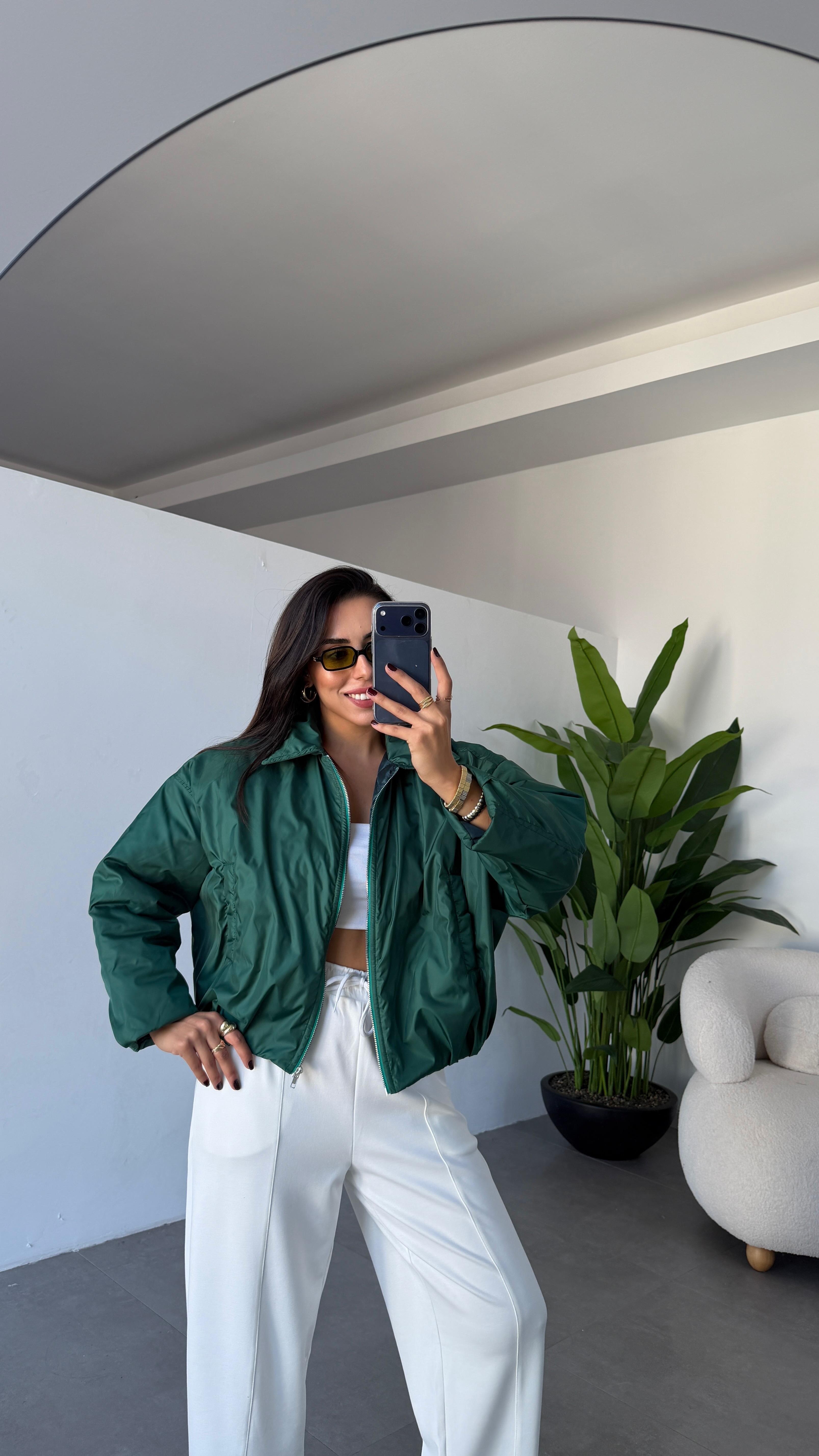 Koyu Yeşil Kapitone Astarlı Bomber Mont