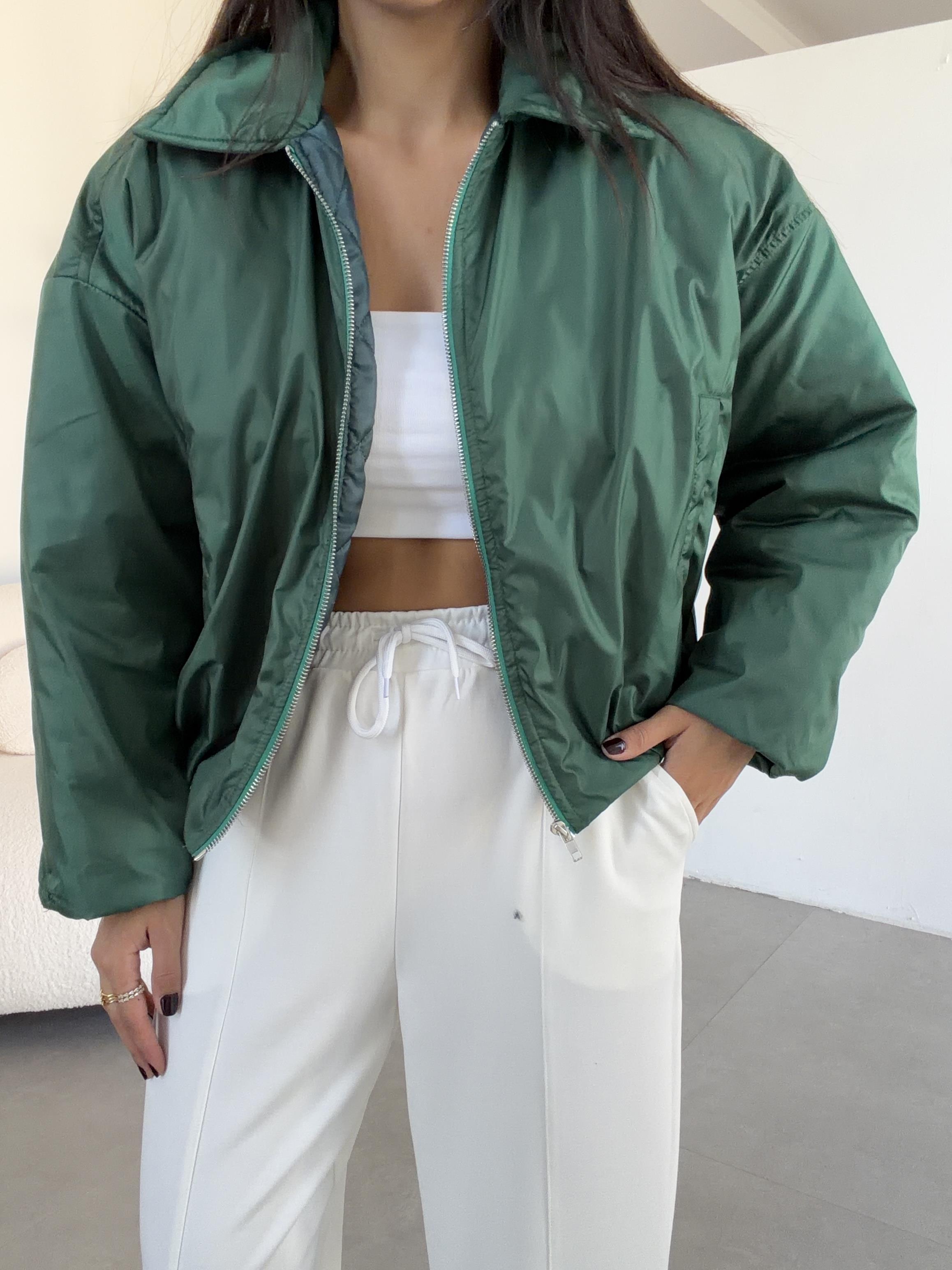 Koyu Yeşil Kapitone Astarlı Bomber Mont