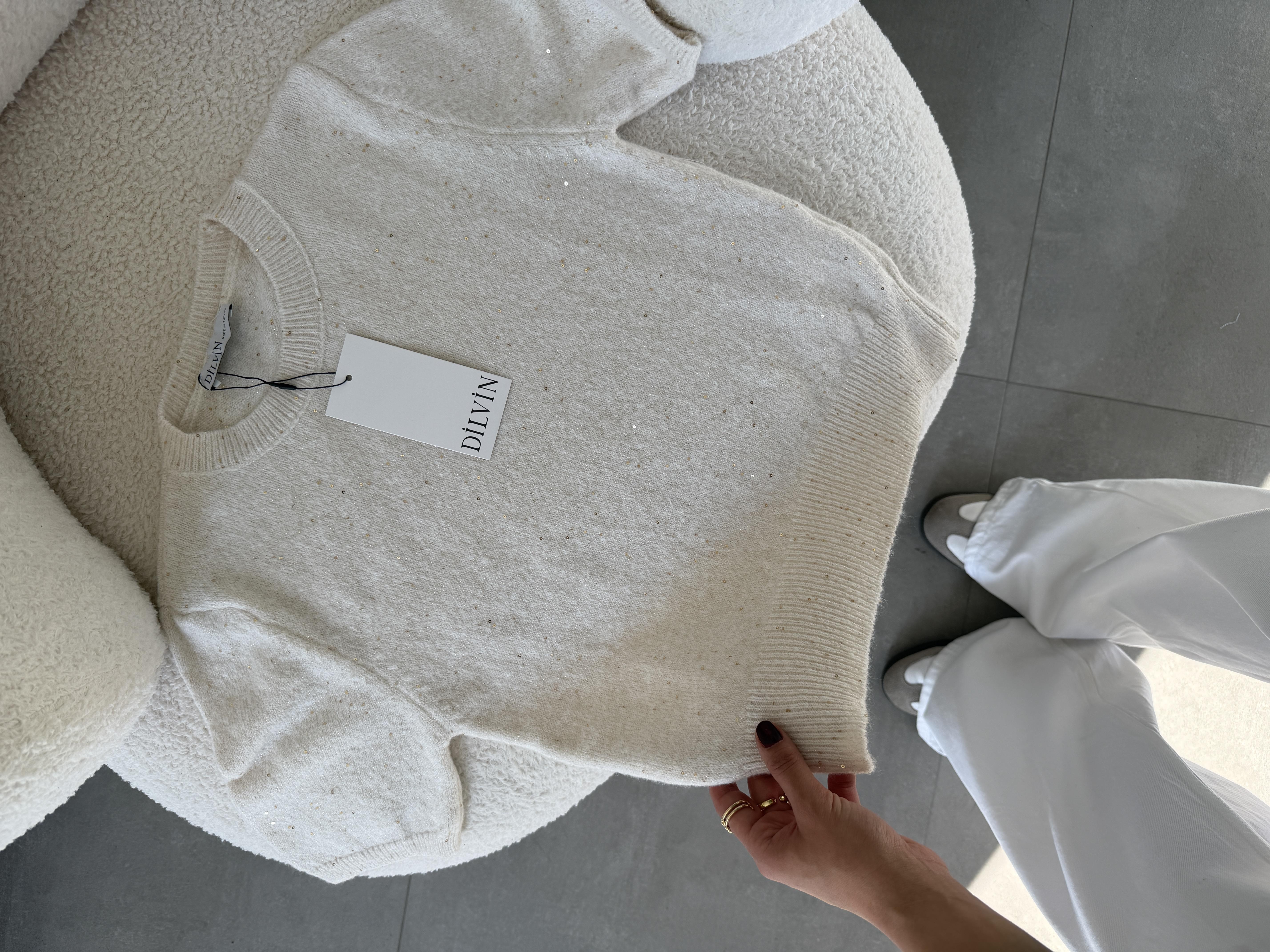 Krem Bisiklet Yaka Pullu Simli Triko