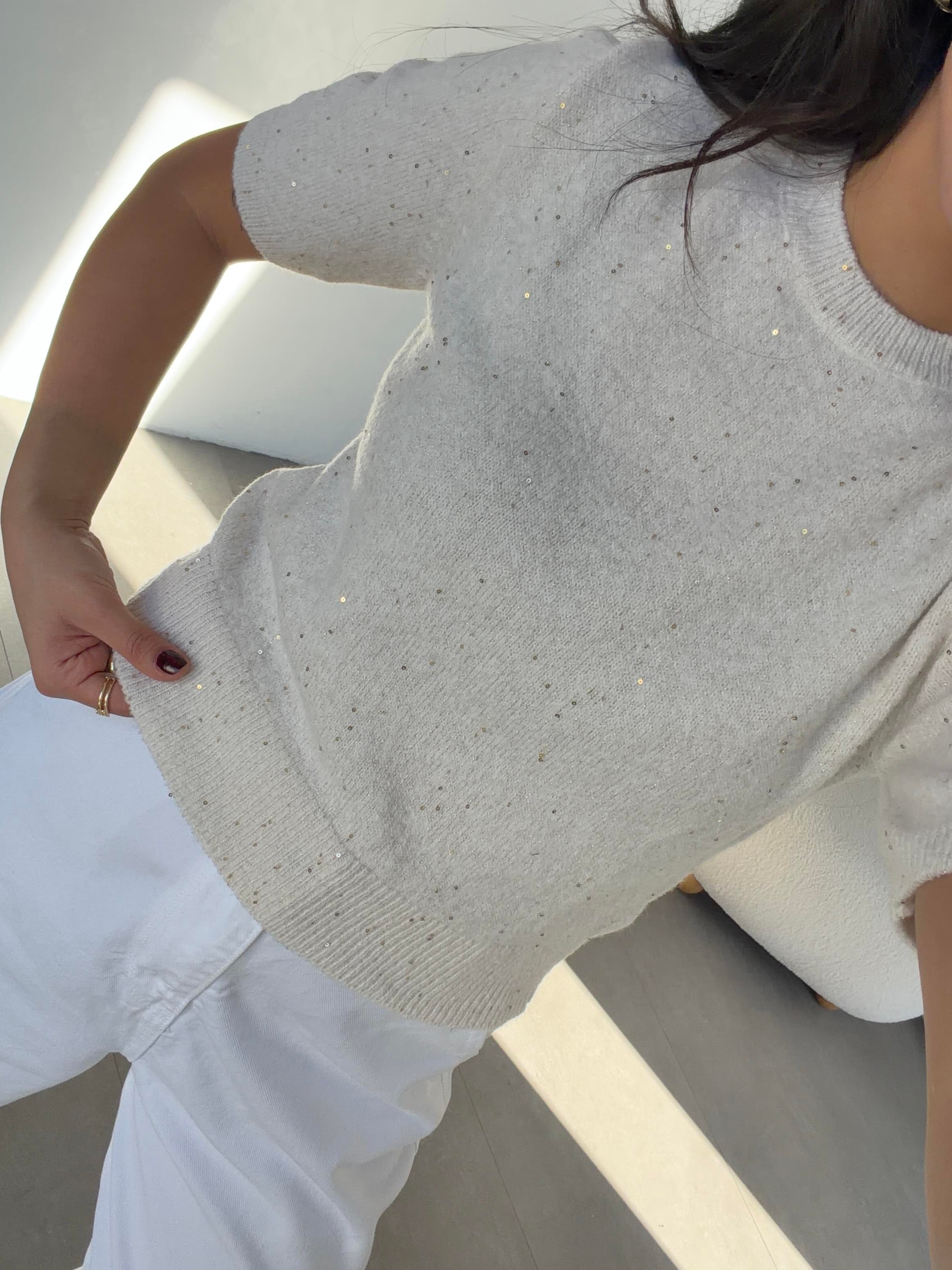 Krem Bisiklet Yaka Pullu Simli Triko