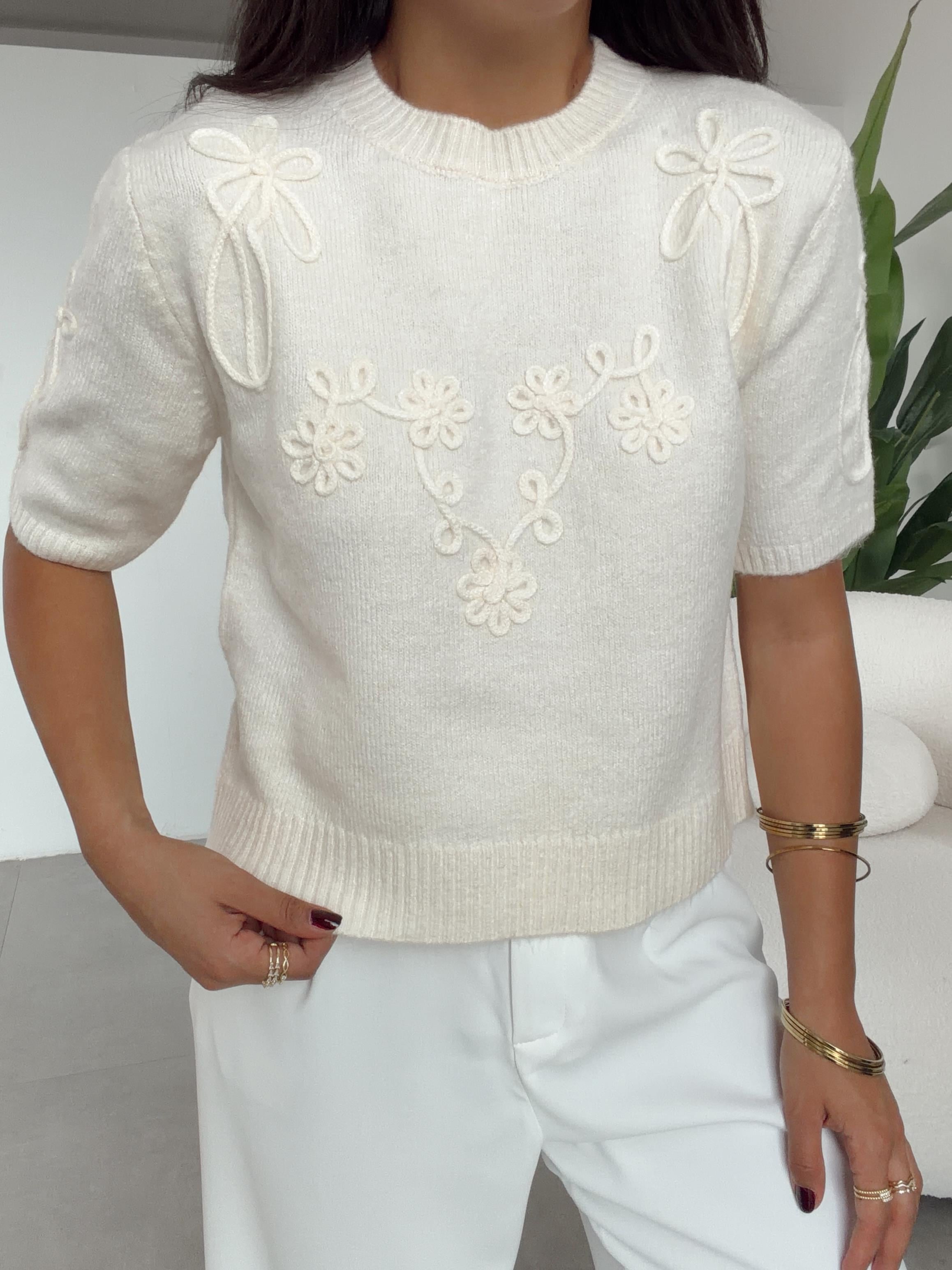 Krem Kısa Kol Suzene Kazak