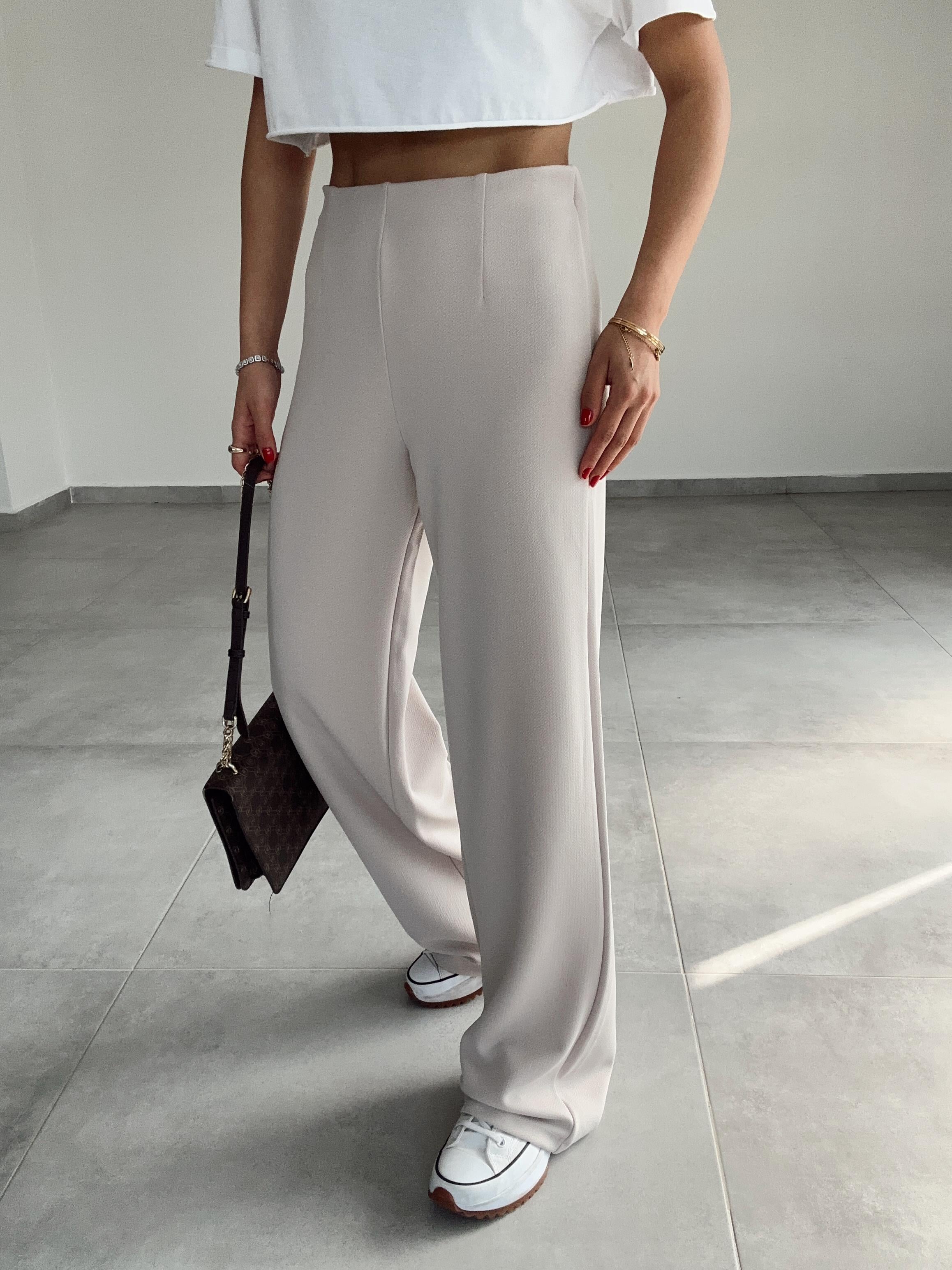 Krep Kemersiz Bej Palazzo Pantolon