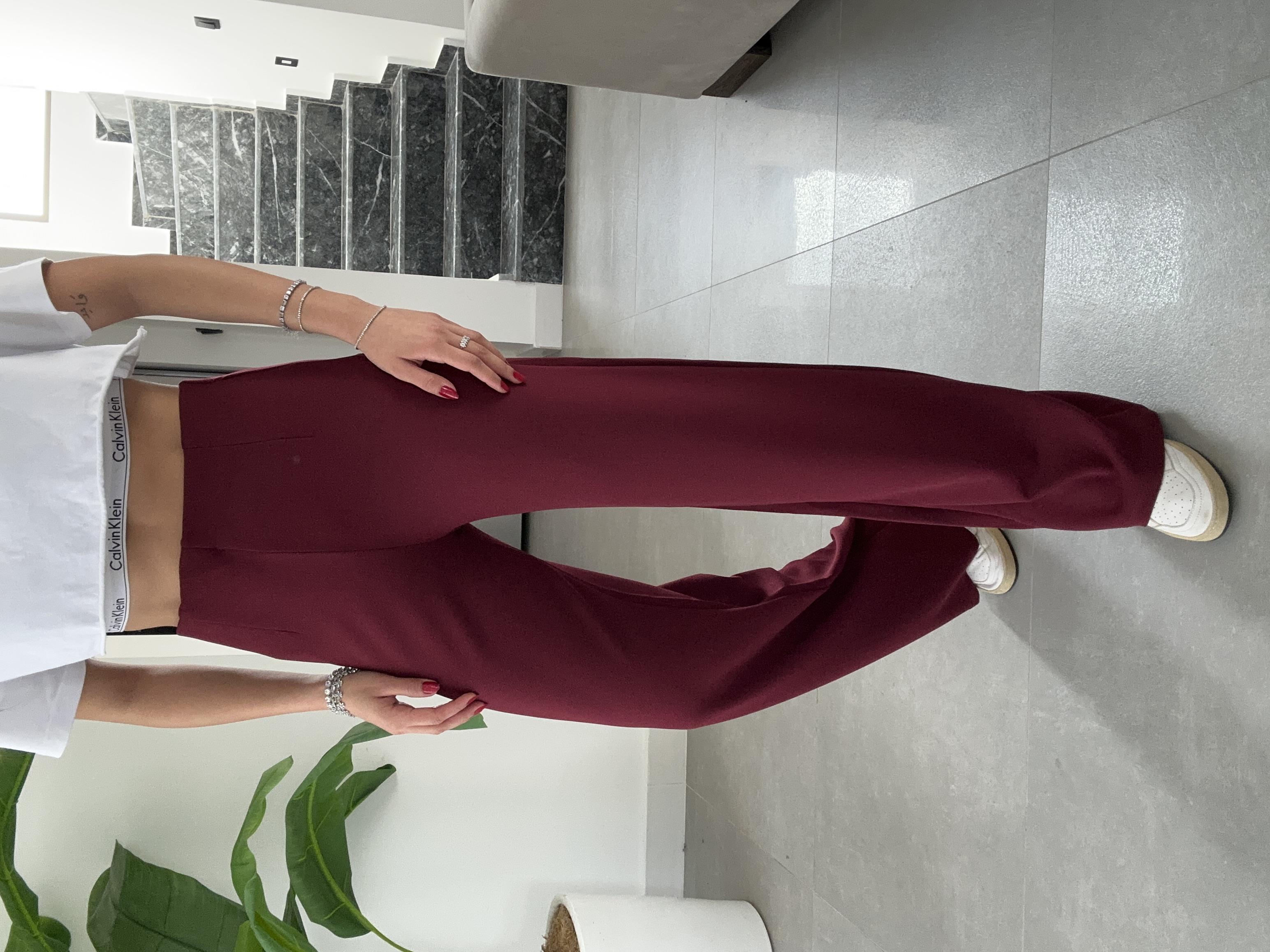 Krep Kemersiz Palazzo Bordo Pantolon