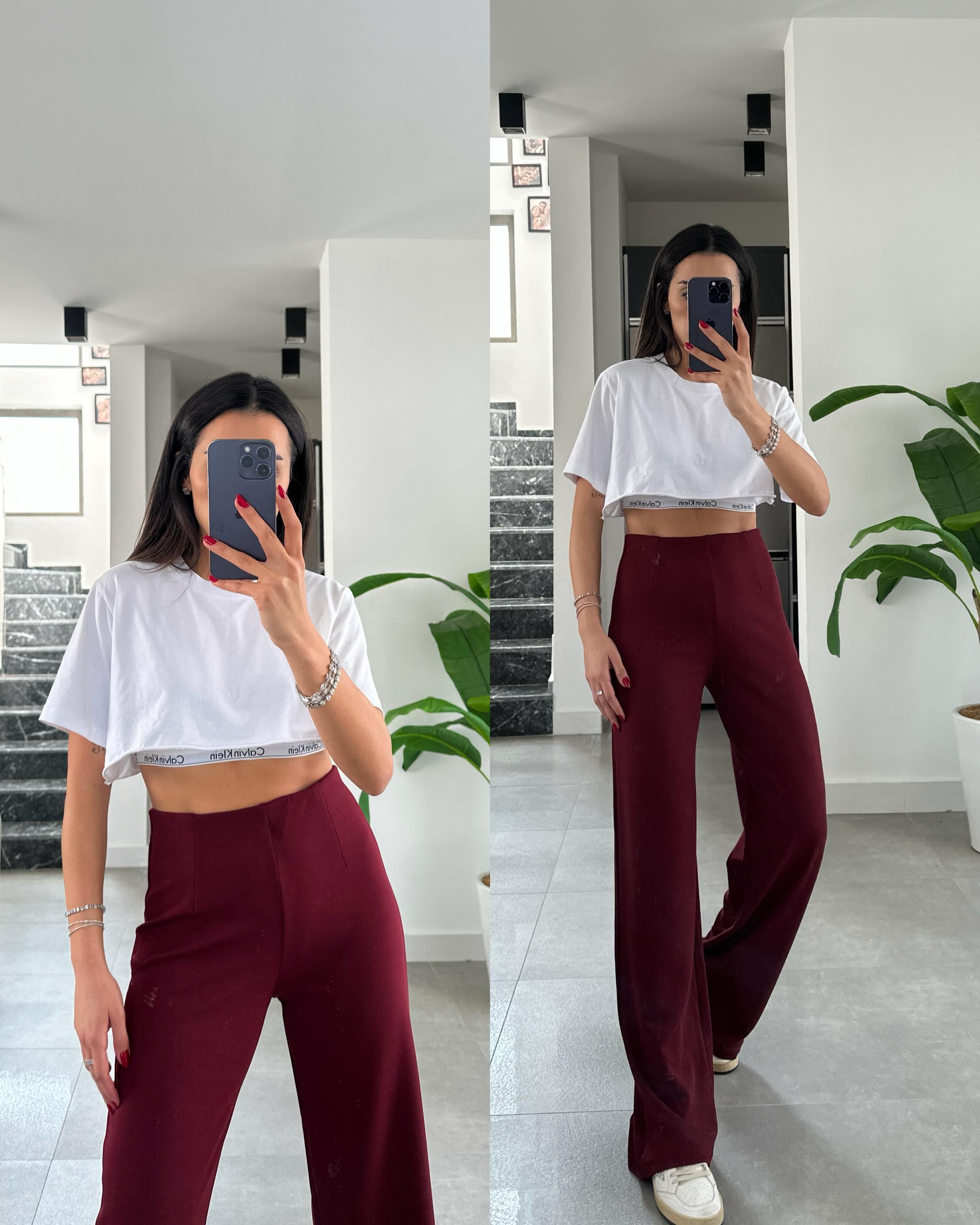 Krep Kemersiz Palazzo Bordo Pantolon