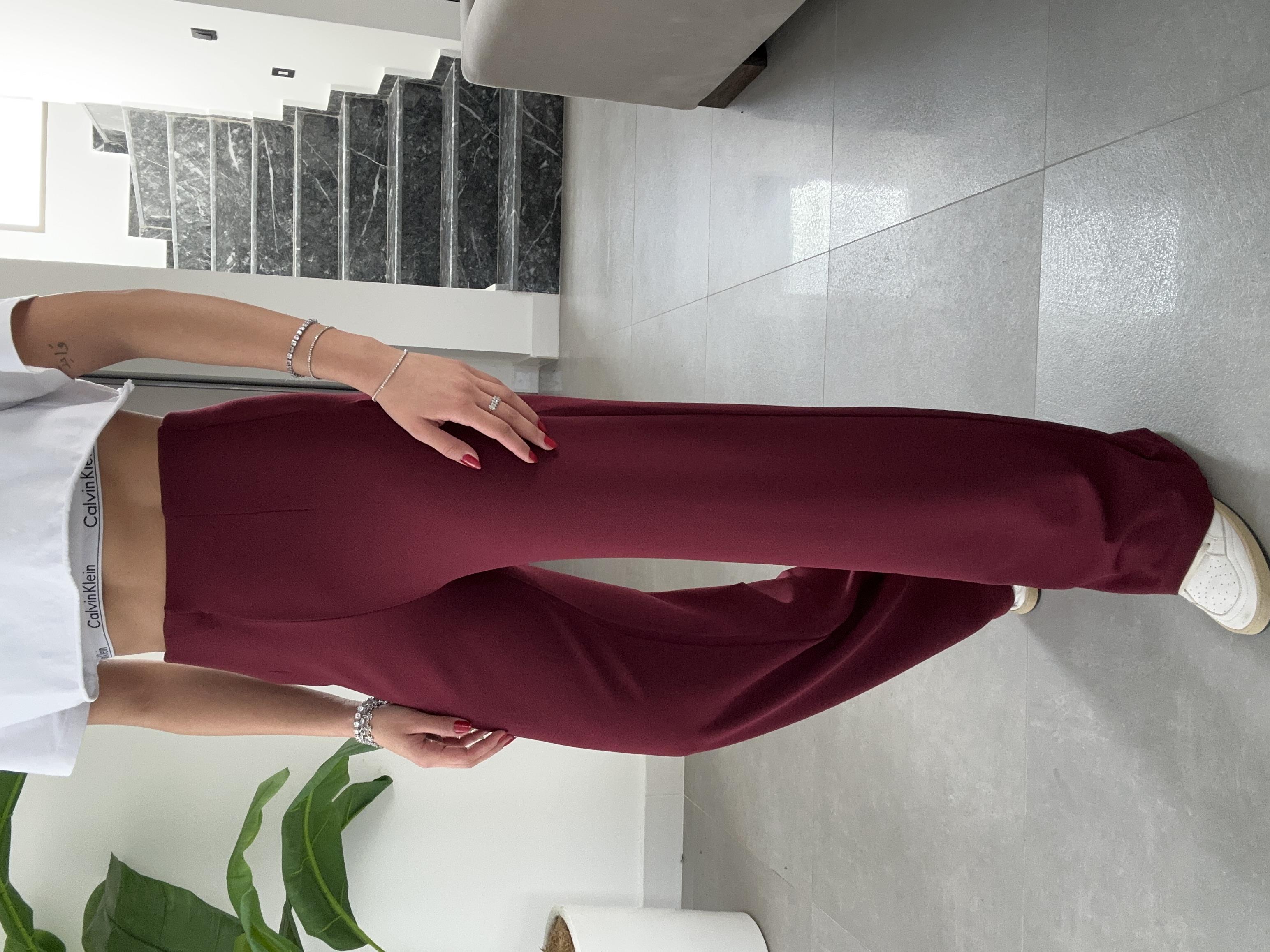 Krep Kemersiz Palazzo Bordo Pantolon